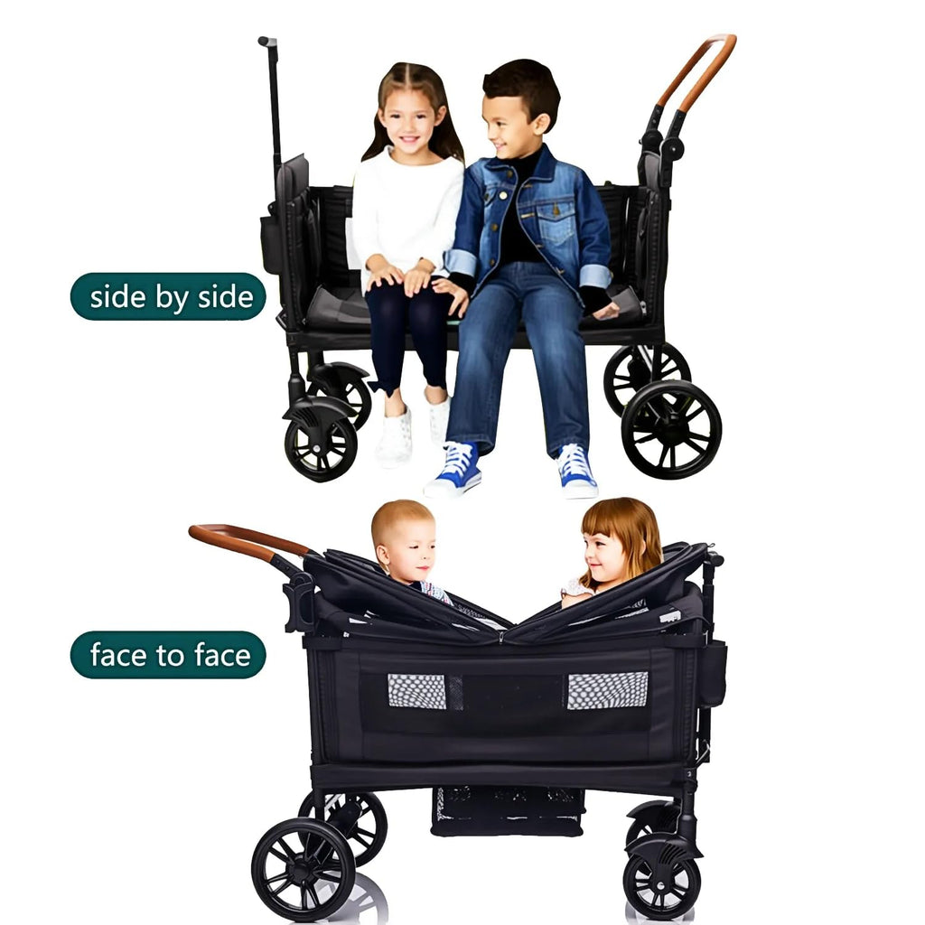 Luxury Wagon Stroller for 2 Kids & Cargo-Lightweight Foldable Travel Push Pull All-Terrain Double Wagon for Newborn&Toddler with 5-Point Harness,Adjustable Handle, Canopy,Tray Table,Cup Holder