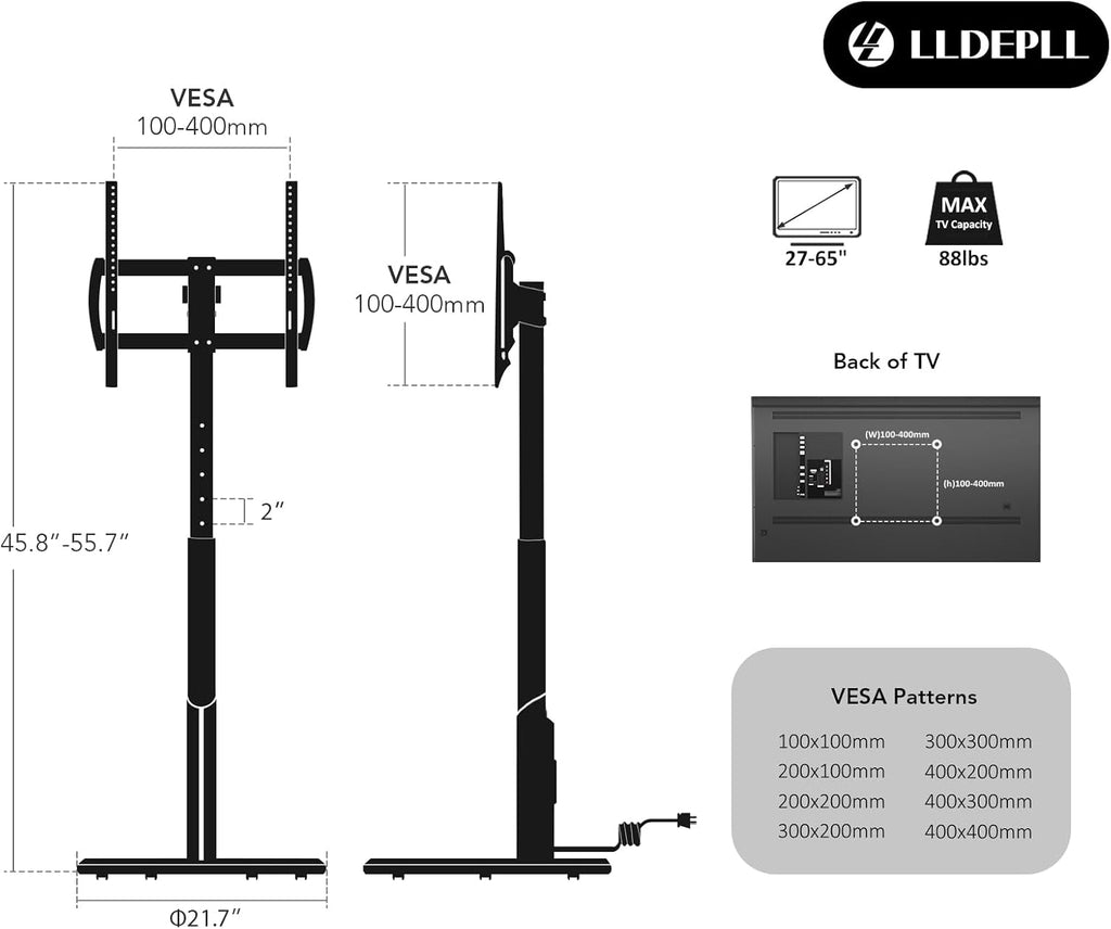 Floor Mobile TV Stand with Power Outlet, Rolling TV Cart for 27-65 Inch OLED LED Monitors, 6 Levels of Height Adjustment, Ambient Lighting on The Bottom Wheels Holds up to 88lbs, 400x400mm