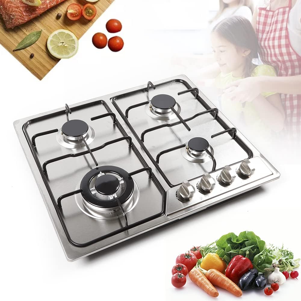 Built-in Gas Cooktop, 4 Burner Gas Hob, Natural Gas Propane Stovetop, 23' Cook Stove with 4 Sealed Burners, Stainless Steel Gas Stove Top with Thermocouple Protection
