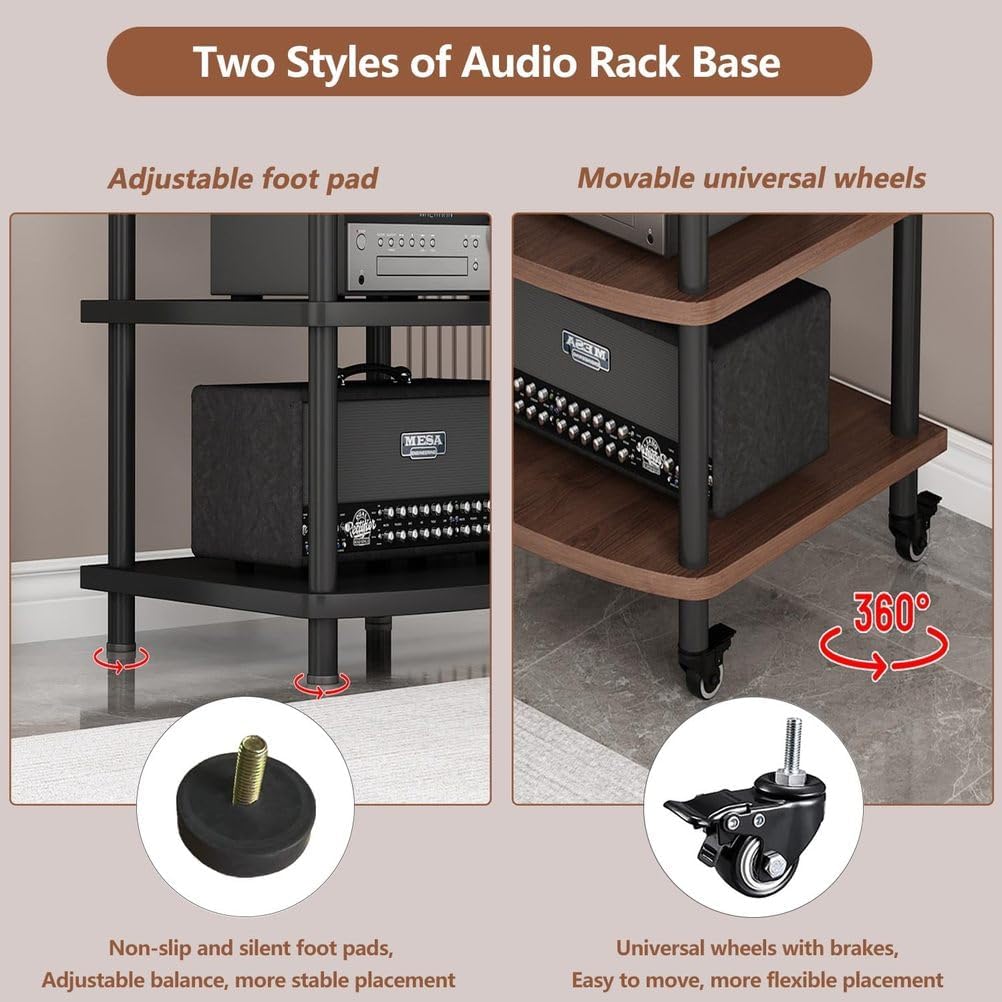 4-Tier AV Media Stand Audio Rack Tower Adjustable Height TV Game Console Equipment Shelf CD Record Player Stereo Component Rack Cabinet for Home Theater Studio,Black (with Wheels),3 Tier