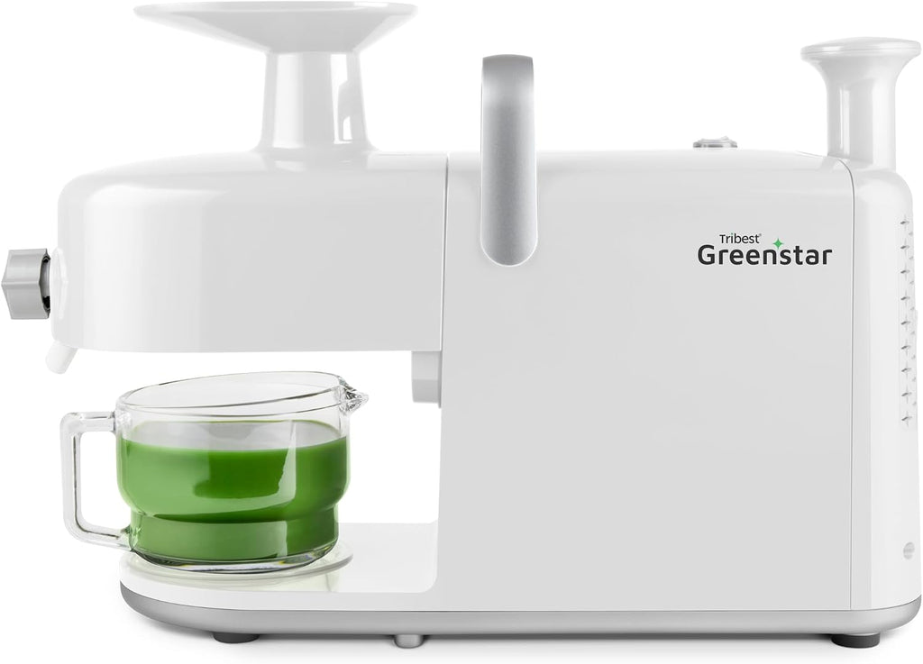 Tribest Greenstar 5 GS5 All Stainless Steel Twin Gear Cold Press Masticating Juicer with Easy Clean Housing, Screen Cleaning Tool and Glass Pitcher, White