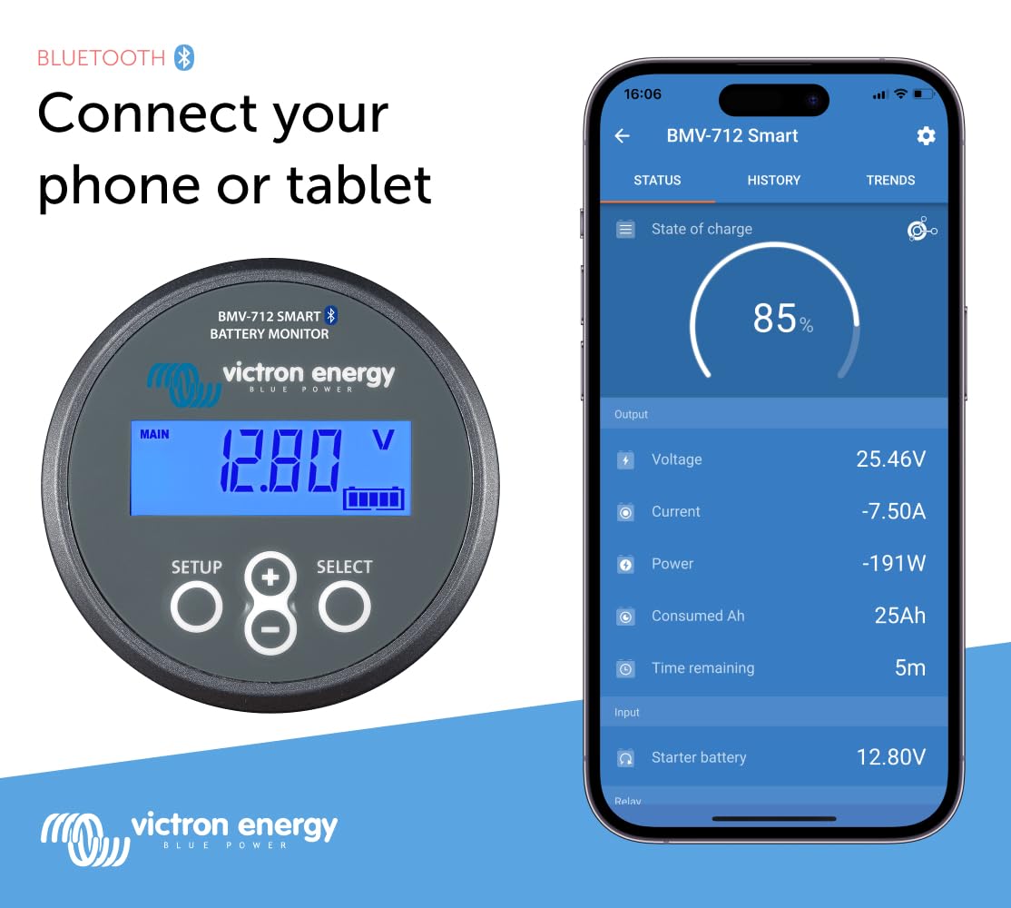 Victron Energy BMV-712 Smart Battery Monitor with Shunt - 6.5-70 VDC - Display, Bluetooth and Detailed in-App Insights- Grey