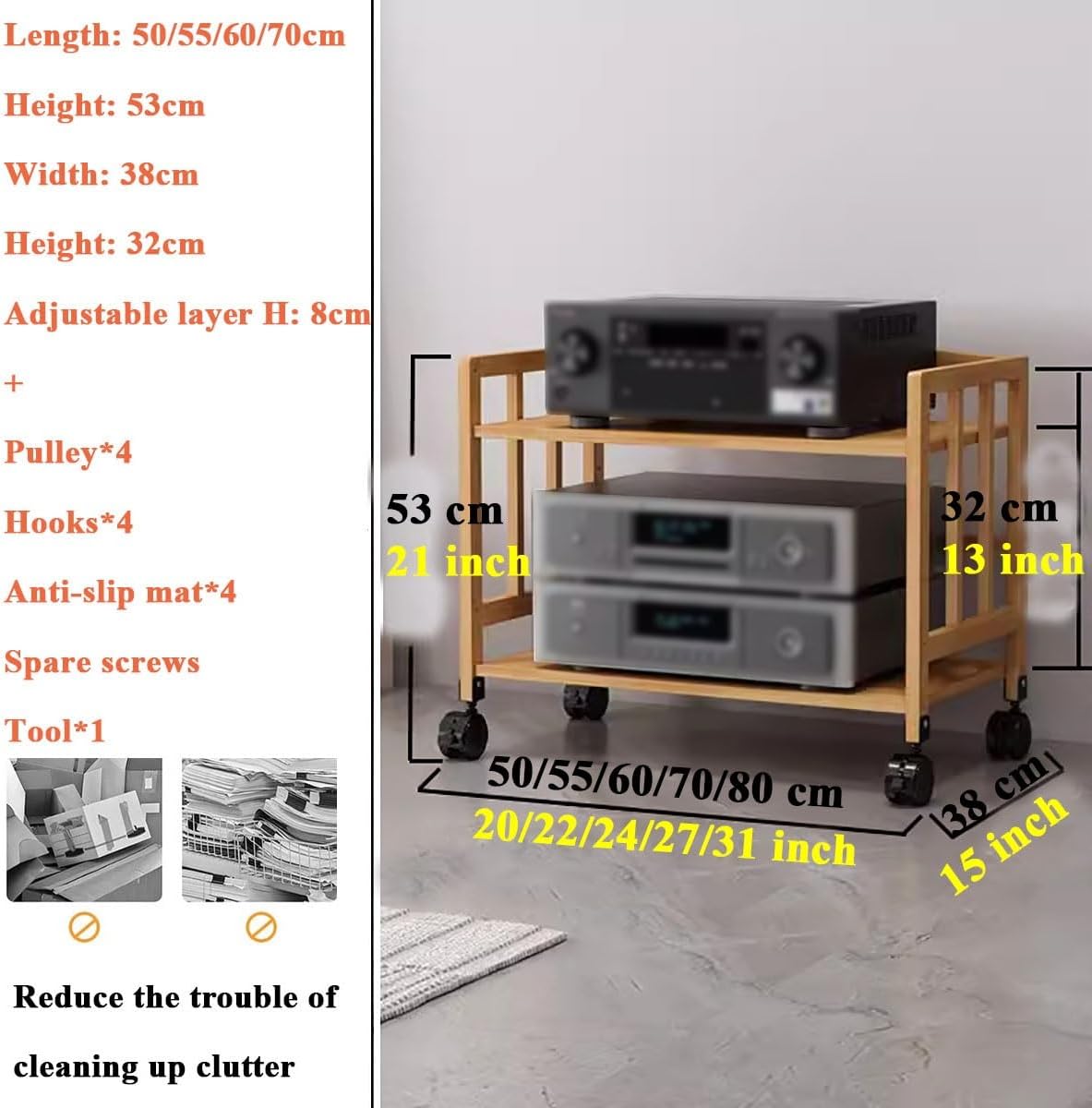 Media Stand 2/3/4/5 Tier Media Component Storage Unit Shelves, Movable Audio Video Tower DVD Cd Record Player Stand Stereo Equipment Cabinet, Turntable Holder for Living,W50Cm2 Tiera
