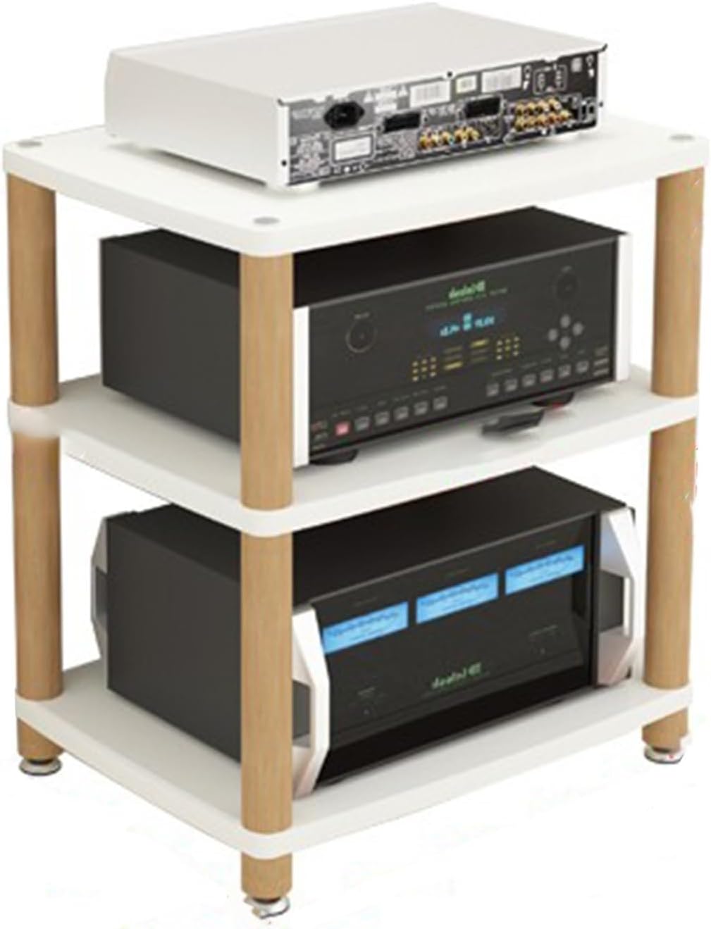 Media Storage Cabinet White, 3/4 Shelf Vertical Audio-Video Shelving with Wood Legs, Stereo Equipment Hoolder for Living Room/Theater Room/Home Cinema(48x60x67cm/18.9x23.6x26.3in)