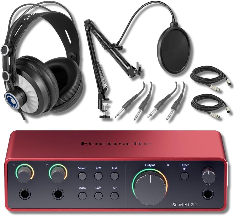 Focusrite Scarlett 2i2 4G with StreamEye Cans50 Studio Headphones and Microphone Boom Arm, XLR Cables, Instrument Cables and Pop Filter Bundle