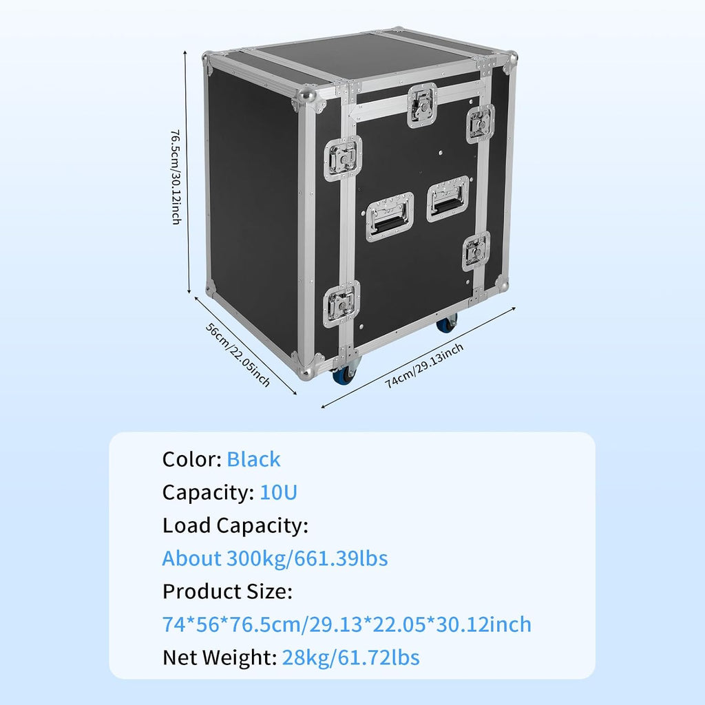 PA DJ Rack Case, 10U PA DJ Cabinet Heavy Duty Mobile Studio Equipment Cabinet with 4 Wheels Removable Design Network & Stereo Rack Component Rack Cabinet Recording Studio Racks for Storing