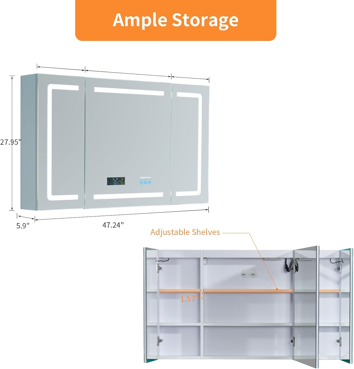 FCH LED Medicine Cabinet with Smart Mirror, 48' Wide Bathroom Medicine Cabinet with Bluetooth& Speaker, Clock, Room Temp Display, Defog, Stepless Dimming, 3-Color Temper Change, Outlets & USBs