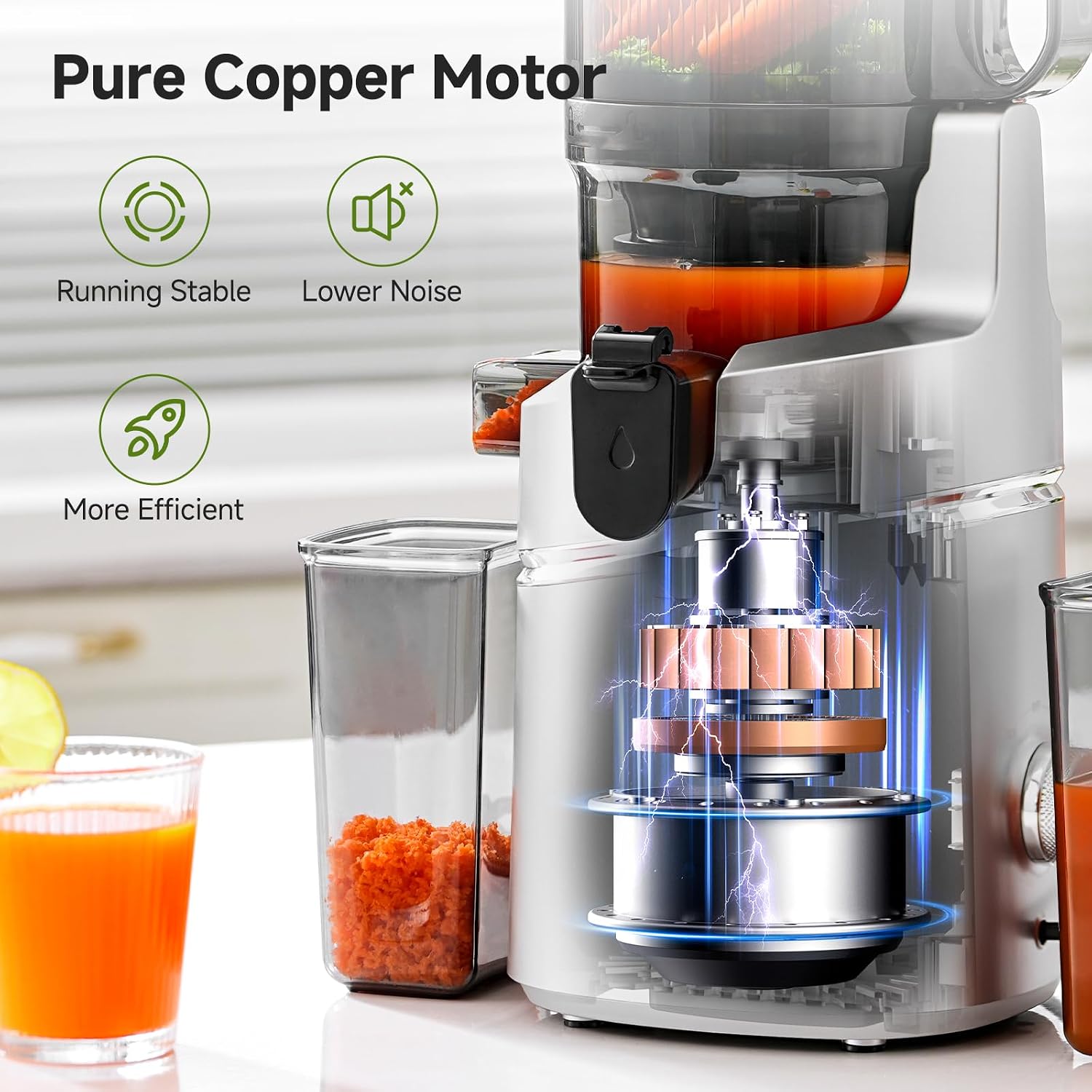 AMZCHEF Cold Press Juicer – 5.8' Wide Mouth Hopper for Whole Recipe Loading, Self Feeding for Hands-Free Operation, Zero Waste Masticating Juicer For More Juice, Less Pulp – Triple Strainers
