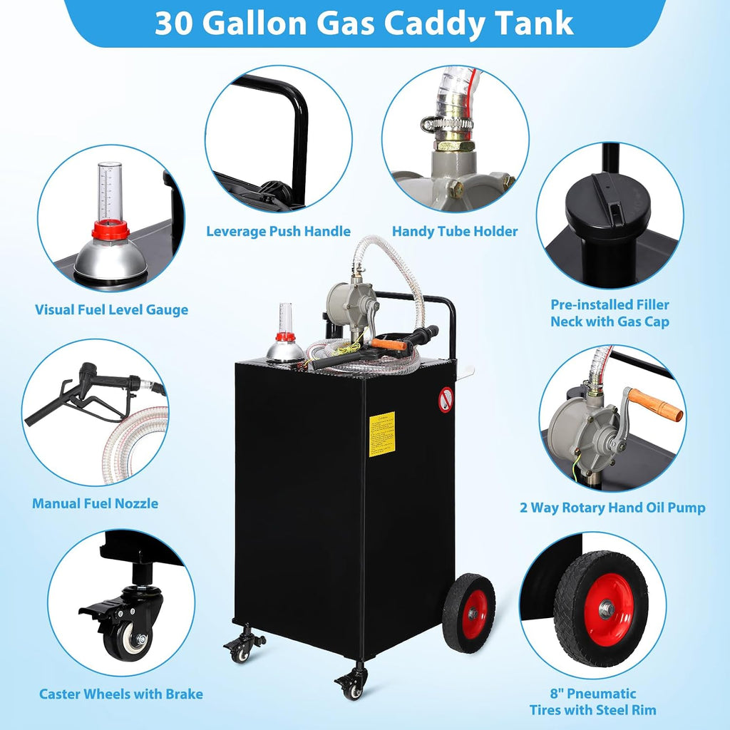 Garvee 30 gal Fuel Caddy with Manual Pump – Heavy Duty Gasoline & Diesel Transfer Tank On 4 Wheels, Spill-Proof Portable Fuel Container for Boat, Truck, Lawn Mower, ATV, Garage & Farm – Black