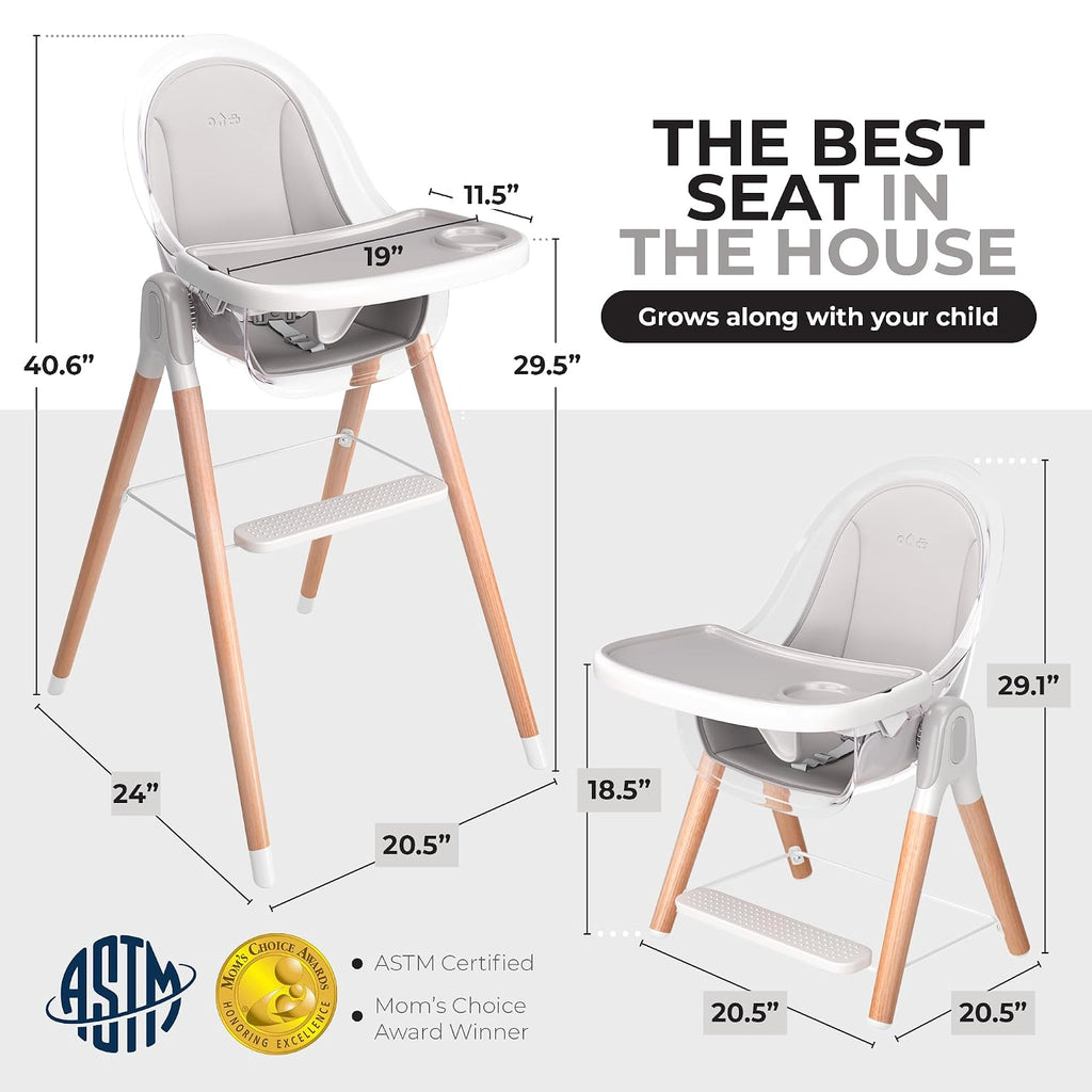 6 in 1 Deluxe Wooden High Chair for Babies & Toddlers, Modern Safe & Compact Baby Highchair, Easy to Clean & Assemble Removable Tray & Cushion, 6 Options 3 Seat Positions 2 Heights
