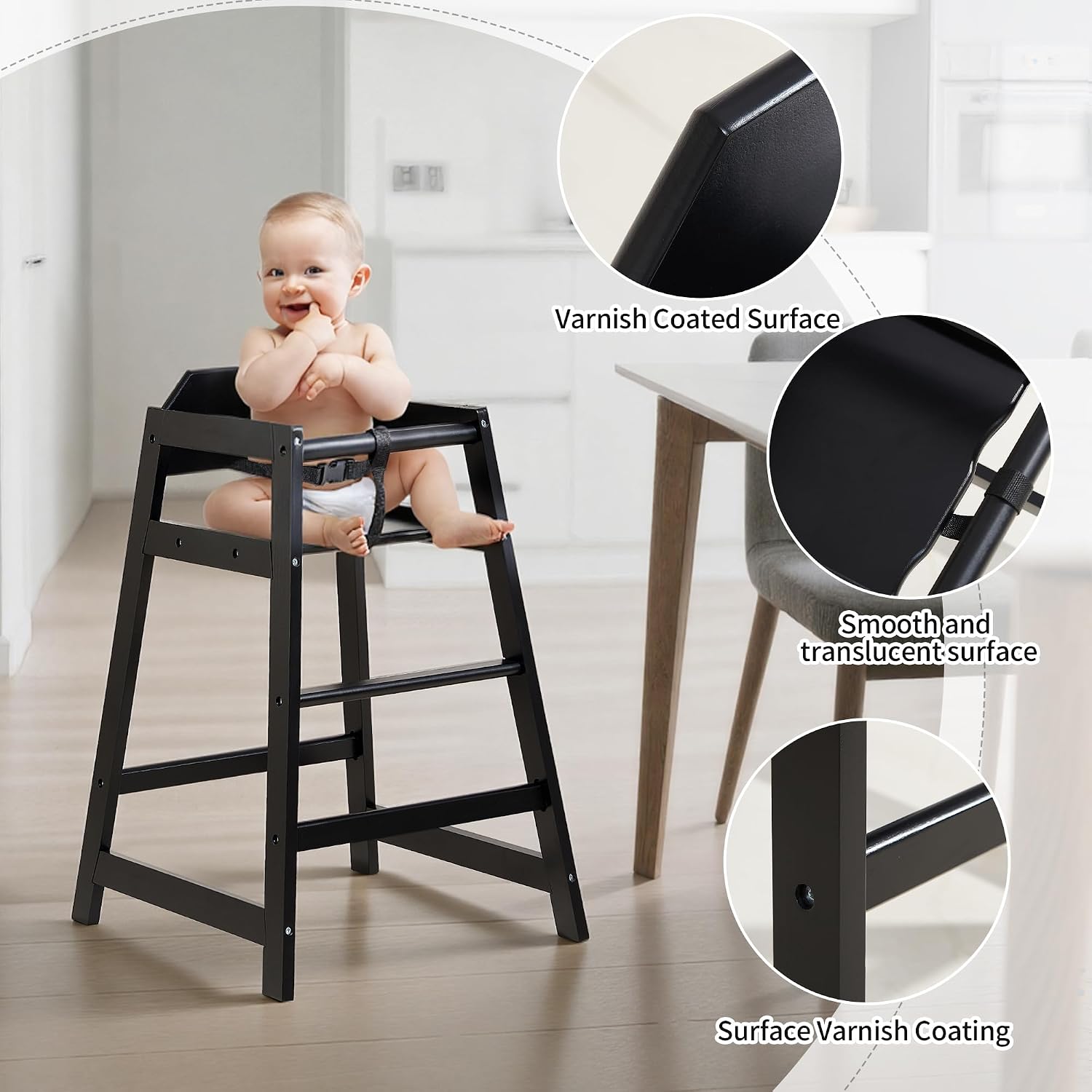 4-Pack Wooden Baby High Chair -Stack-able Solid Wood Feeding Seats, with Commercial Grade Solid Wood for Dining Table & Kitchen - Compact & Portable Design for Restaurant & Home Use（Black）