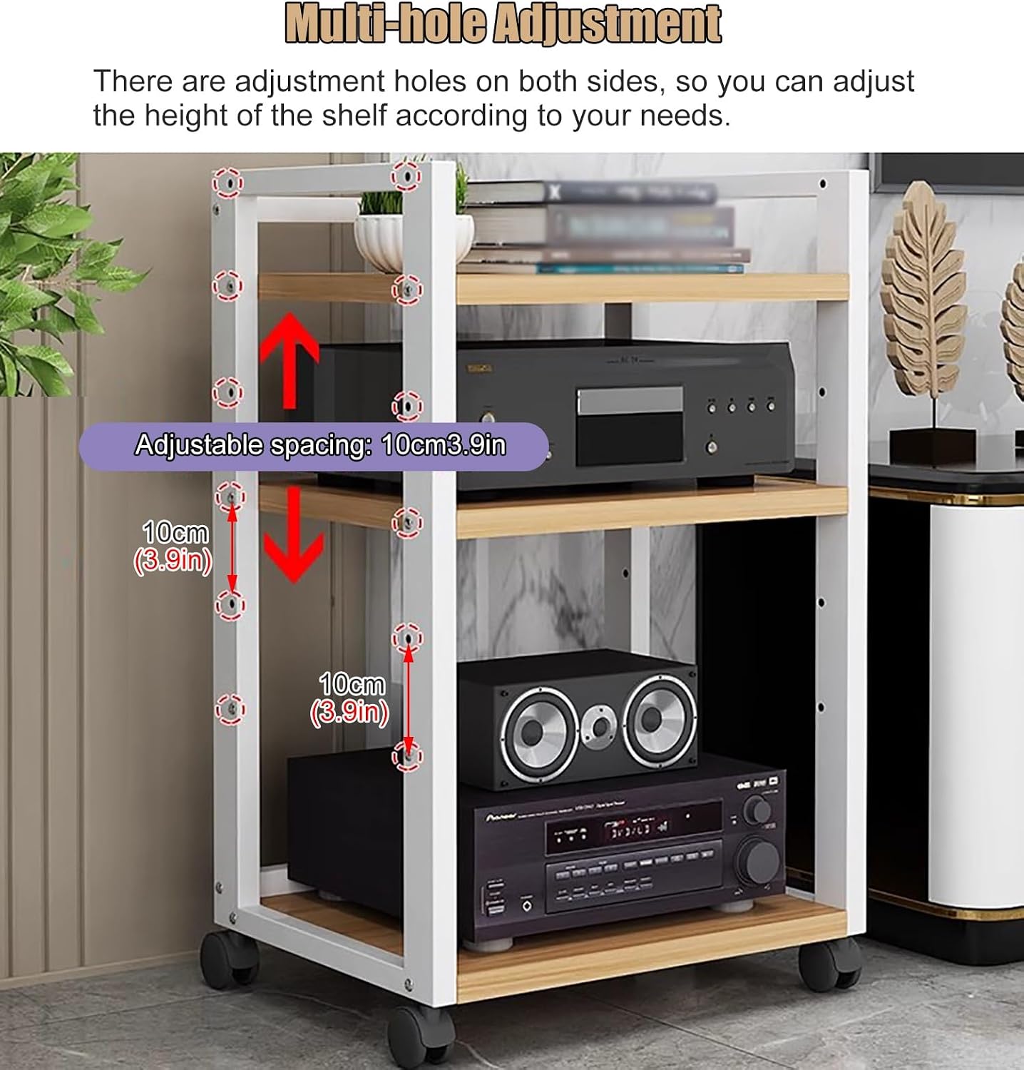 Audio Component Rack Media Stereo Stand Equipment Shelf 3 4 5 Tier, Free Standing Heavy Duty Media Storage Stands on Wheels, Commercial Home（Black-#2-4 layer）