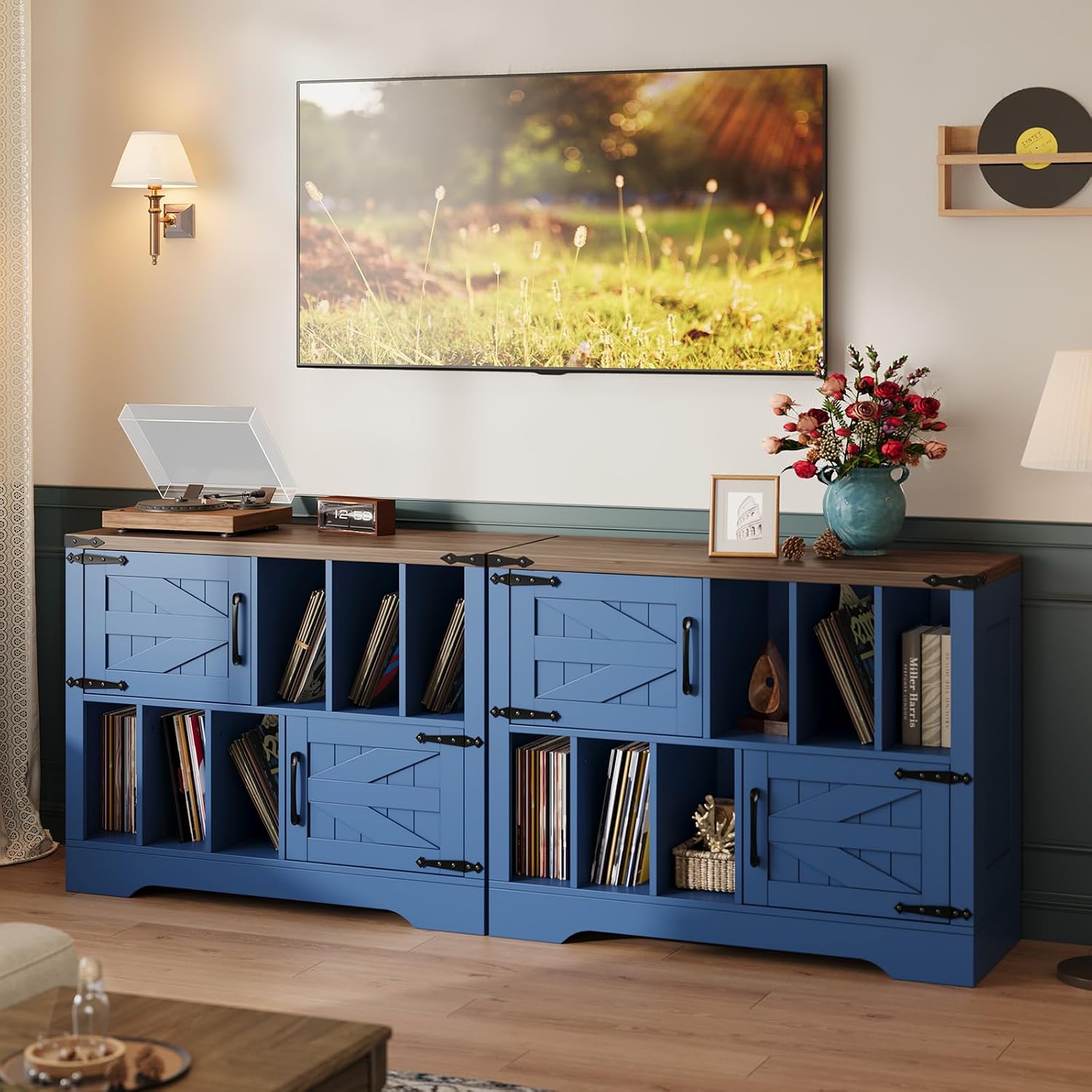 GarveeHome 39in Large Vinyl Record Storage, Farmhouse Wood Turntable Record Player Stand with Storage Cabinet and 2 Barn Doors for Living Room Bedroom, Navy Blue