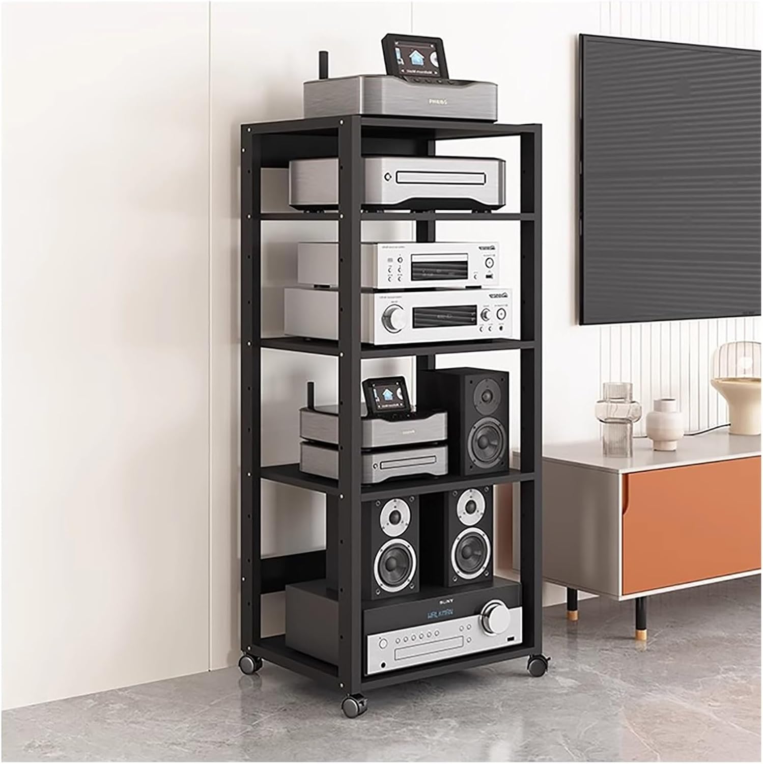 YLLFFLL 131cm Tall Mobile Stereo Racks and Stands on Wheels Heavy Duty Audio Equipment Rack Cart with Height-Adjustable Shelf, Entertainment Stereo Components Av Media Stand(5 Tier)