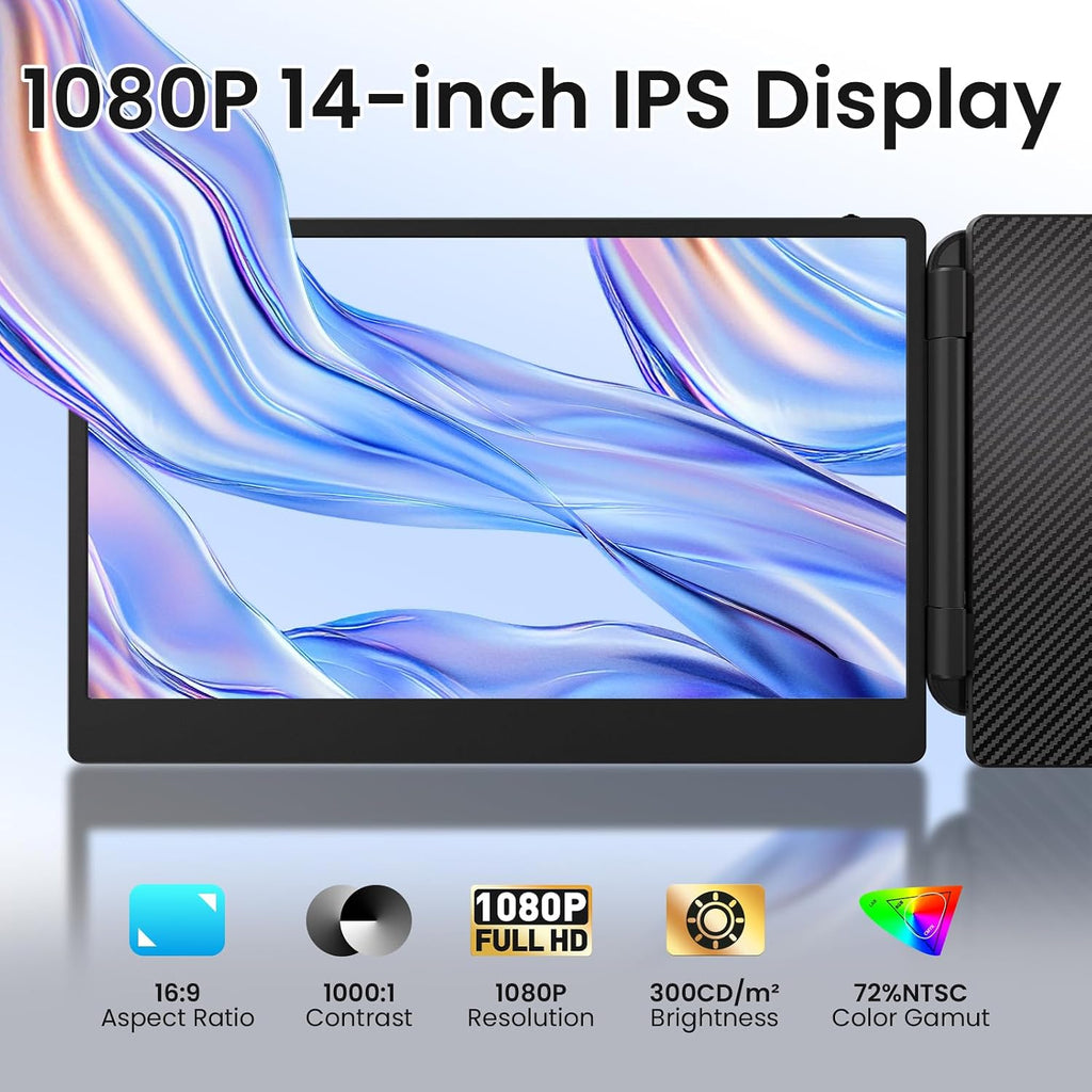 BOSII Laptop Screen Extender Monitor - 14 Inch Triple IPS FHD 1080P HDMI/USB-A/Type-C Extended Portable Monitor for Laptops (Maximum Length: 15.74') Compatible with Windows Mac Travel Work