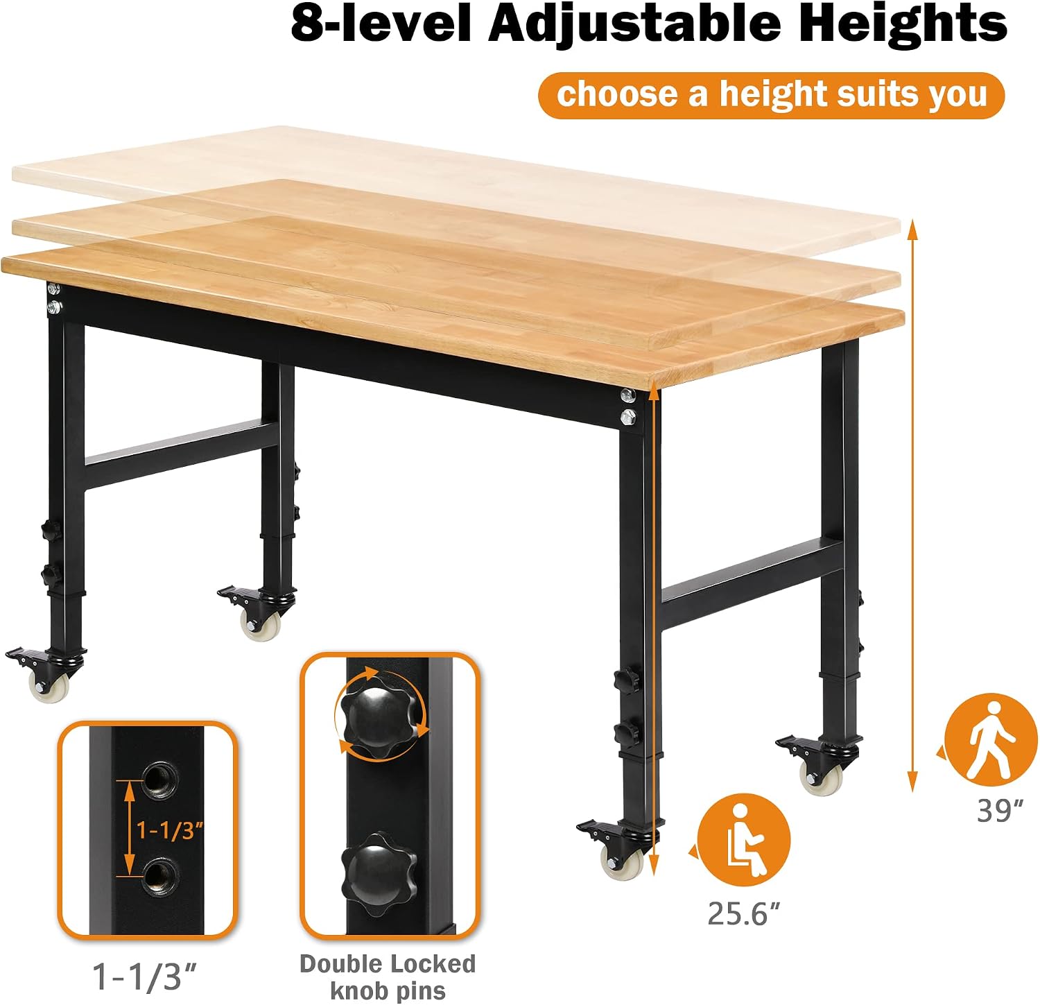 Betterhood 48' Heavy-Duty Adjustable Workbench for Garage, Rubber Wood Shop Table W/Metal Wheels, Hardwood Workstation Weight Capacity Over 2000 Lbs with Wheels