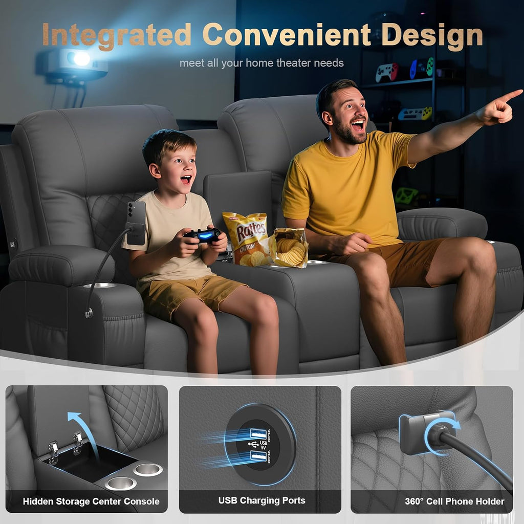 Loveseat Recliner Sofa, Home Theater Seating with Center Console, Reclining Loveseat RV Couch with USB Ports & Phone Holders, Wall Hugger RV Sofa Furniture with Storage & Pocket