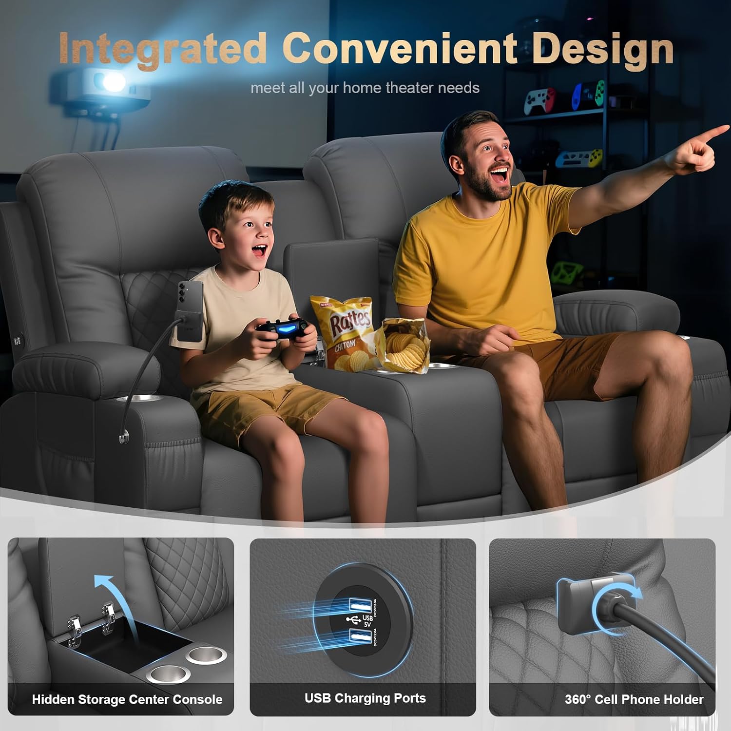 Loveseat Recliner Sofa, Home Theater Seating with Center Console, Reclining Loveseat RV Couch with USB Ports & Phone Holders, Wall Hugger RV Sofa Furniture with Storage & Pocket