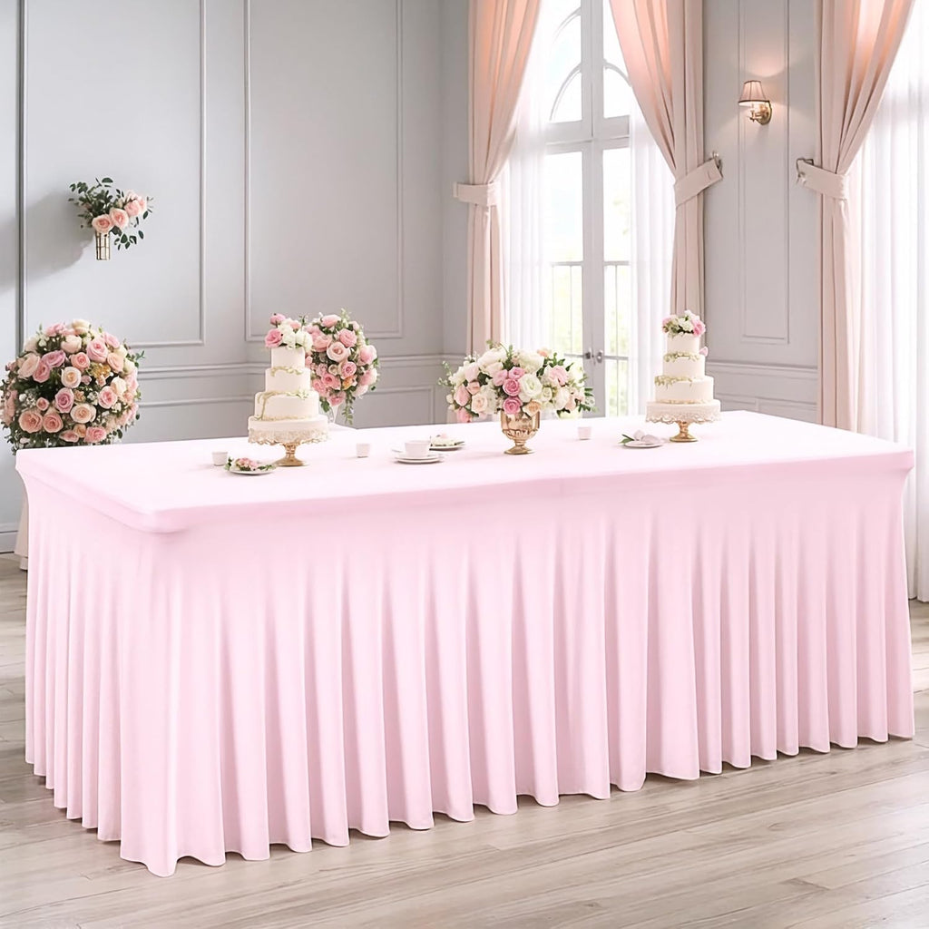 6 Packs Baby Pink Spandex Tableclothes for 8 Foot Rectangle Table, Spandex Table Covers 8FT Stretch Table Skirts Rectangle Wrinkle Free Fitted Table Cover for Event, Wedding, Banquet & Parties