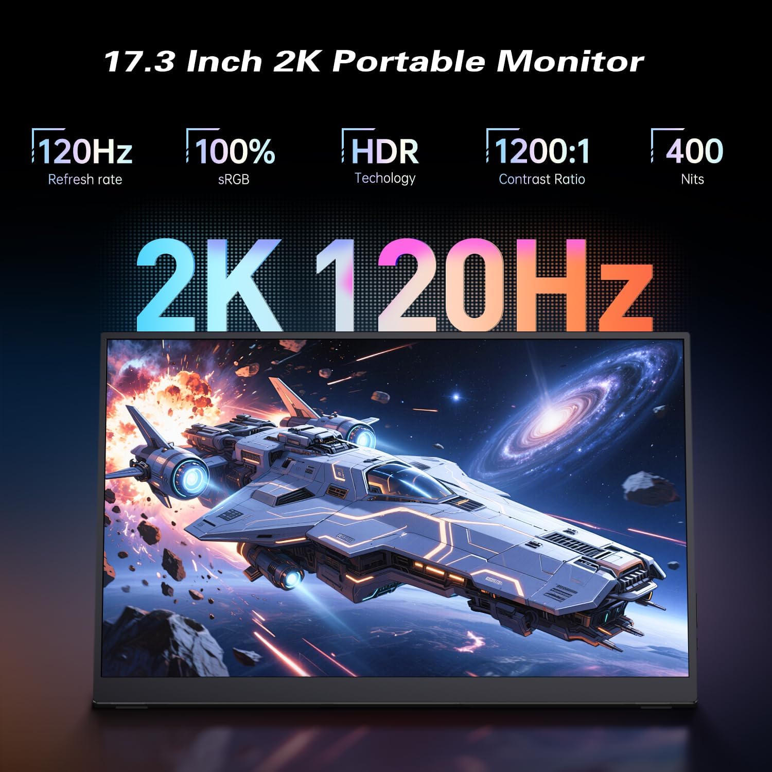 Portable Monitor 2K 120Hz, 17.3'' QHD 2560x1440P 100% DCI-P3, Ultra Slim Travel Gaming Monitor with Kickstand, USB-C HDMI HDR External Screen for Laptop PC Mac Xbox Switch PS5/4