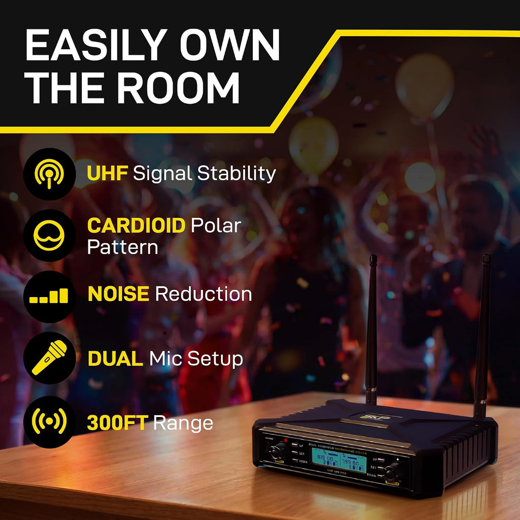SKP UHF-600 PRO Dual Wireless Microphone System – Auto-Scan, 300ft Range, Dual LCD Control for Battery, Complete Kit with 2 Wireless Microphones for Karaoke, DJs, Weddings, Church & Classroom