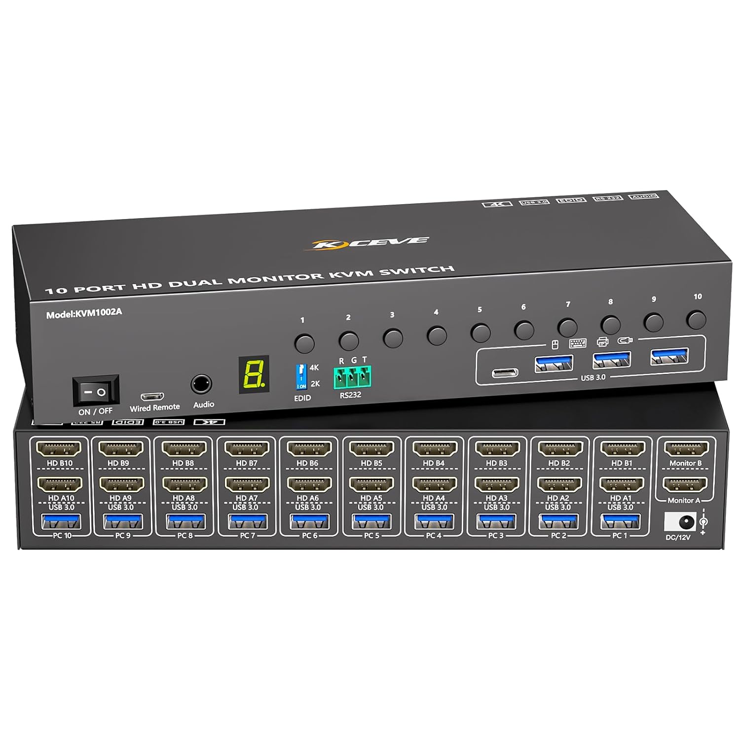 8 Port HDMI Displayport KVM Switch 2 Monitors 8 Computers 4K@60Hz EDID Simulation,8 PC Dual Monitor KVM Switch with 4 USB 3.0 Ports,Audio,RS232,with Wired Remote,12V Power Adapter and 8 USB Cable