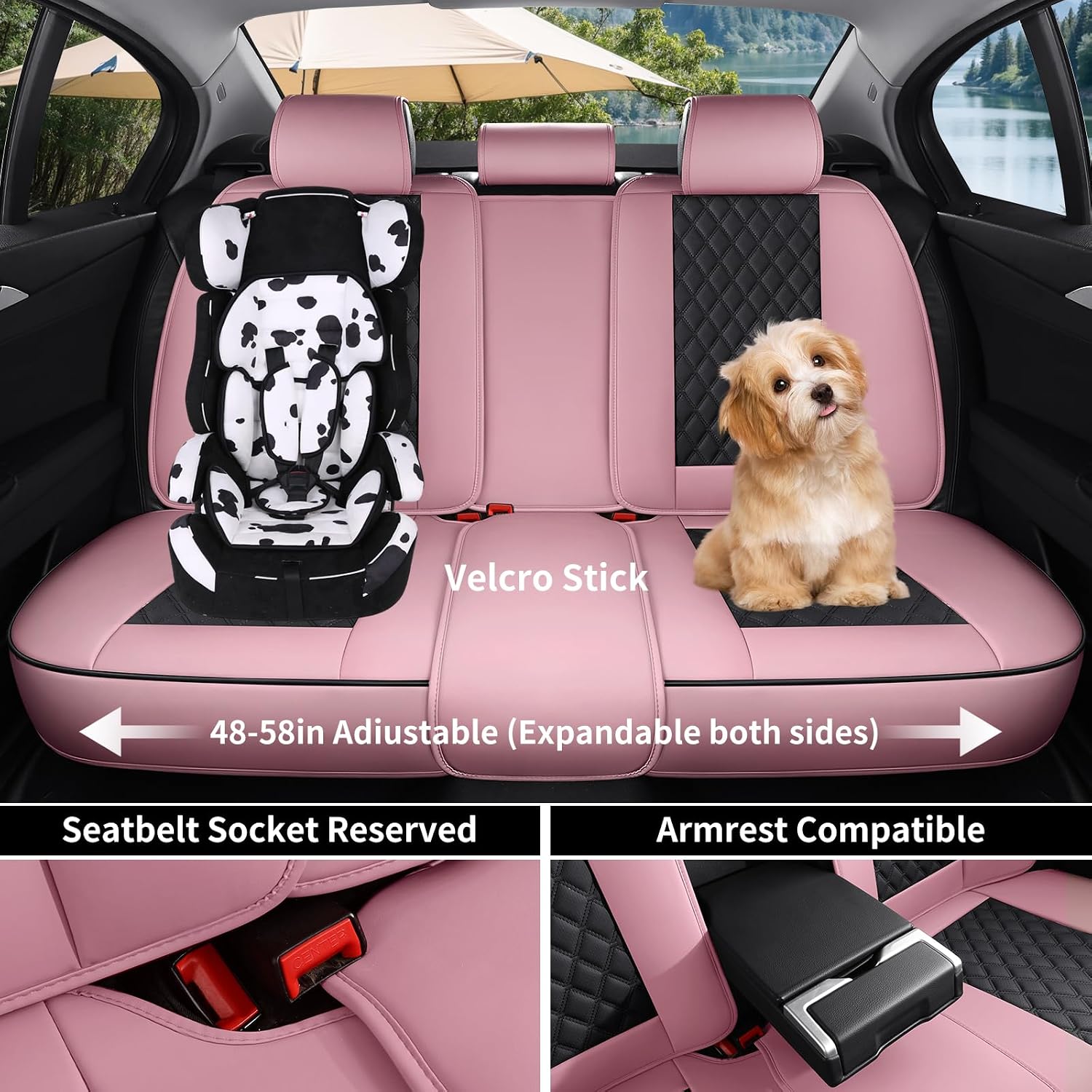 Car Seat Covers, Luxury Faux Leather Waterproof Non-Slip Seat Protector Universal Fit for Most Cars SUVs Trucks Pick-ups,Car Interior Accessories (Pink Black, Full Set)