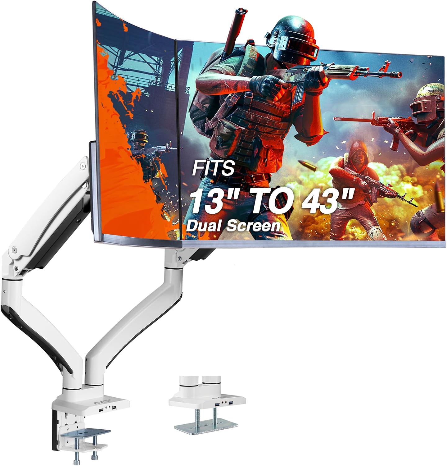 AVLT Dual Monitor Arm Desk Mount for 13'–43' Flat/Curved Screens with USB-A Pass-Through, Full Motion Height Adjustable Swivel Tilt Rotation VESA/C-Clamp/Grommet/Cable Management, White