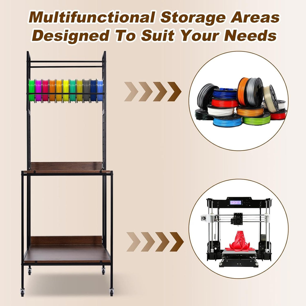 2 Tier 3D Printer Filament Storage Rack,Mobile Printer Stand with Wheels - Heavy Duty Shelf, Sturdy Filament Organizer for 3D Printer Filaments ABS/TPU/Nylon(2 Printers, 20 Consumables)