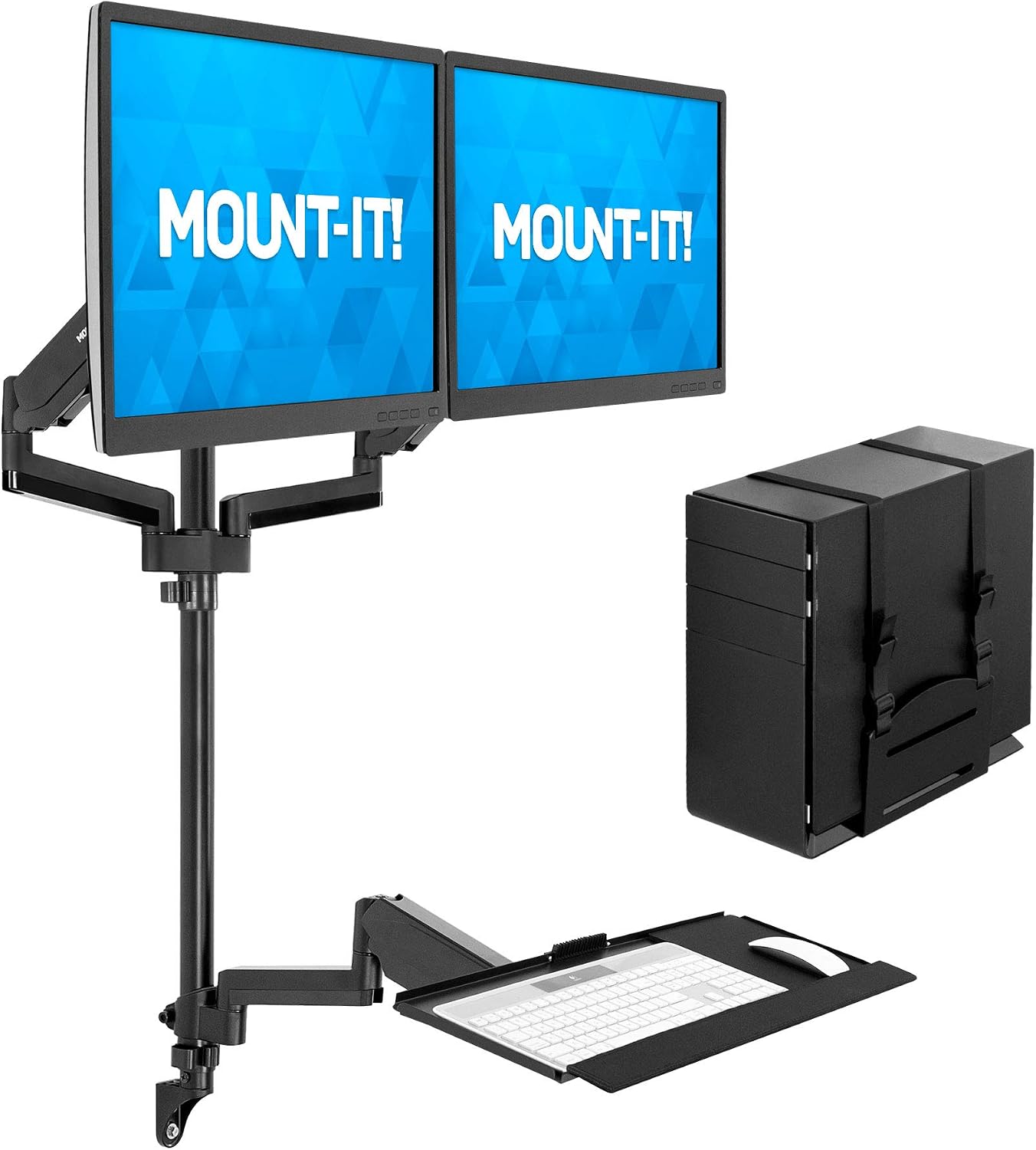 Mount-It! Dual Monitor Arm Wall Mount Workstation with Keyboard Tray & CPU Holder, Height Adjustable Gas Spring Full Motion Computer Station, Fits 17–32' VESA 75x75 100x100, Black