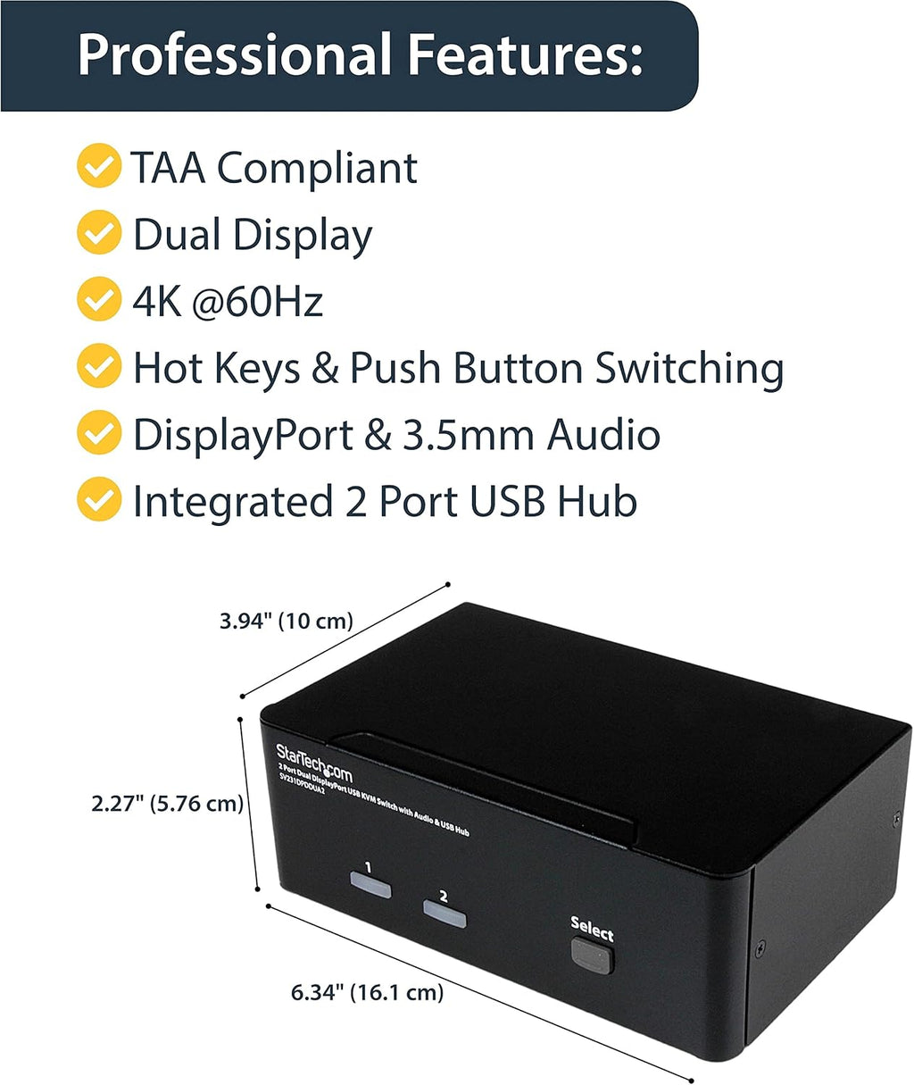 StarTech.com 2-Port DisplayPort KVM Switch - Dual-Monitor - 4K 60 - with Audio & USB Peripheral Support - DP 1.2 - USB Hub, TAA (SV231DPDDUA2)