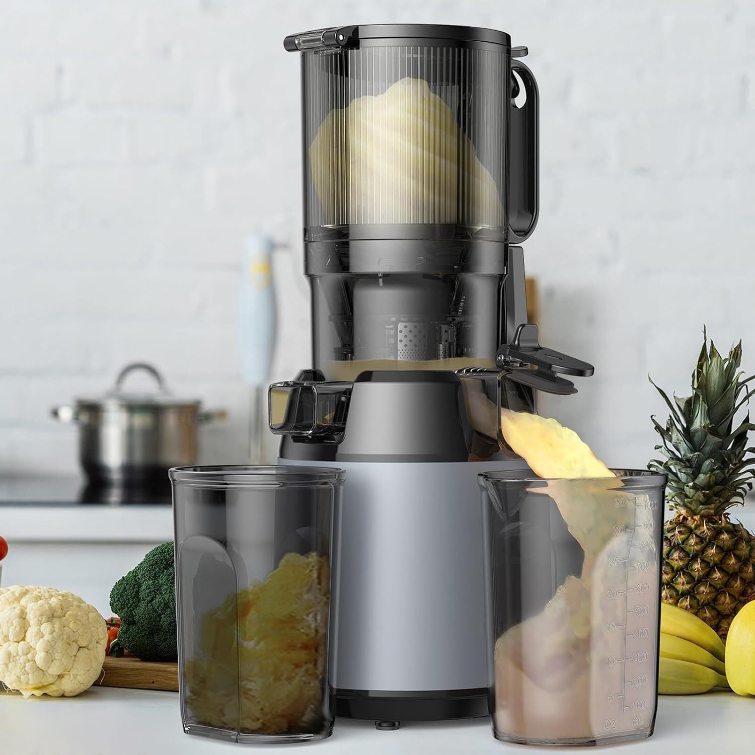 Masticating Juicer with 130mm Feed Chute, 250W Cold Press Juicer, 1.6L Capacity, Slow Juicer for Whole Fruits & Vegetables, Easy to Clean, Grey