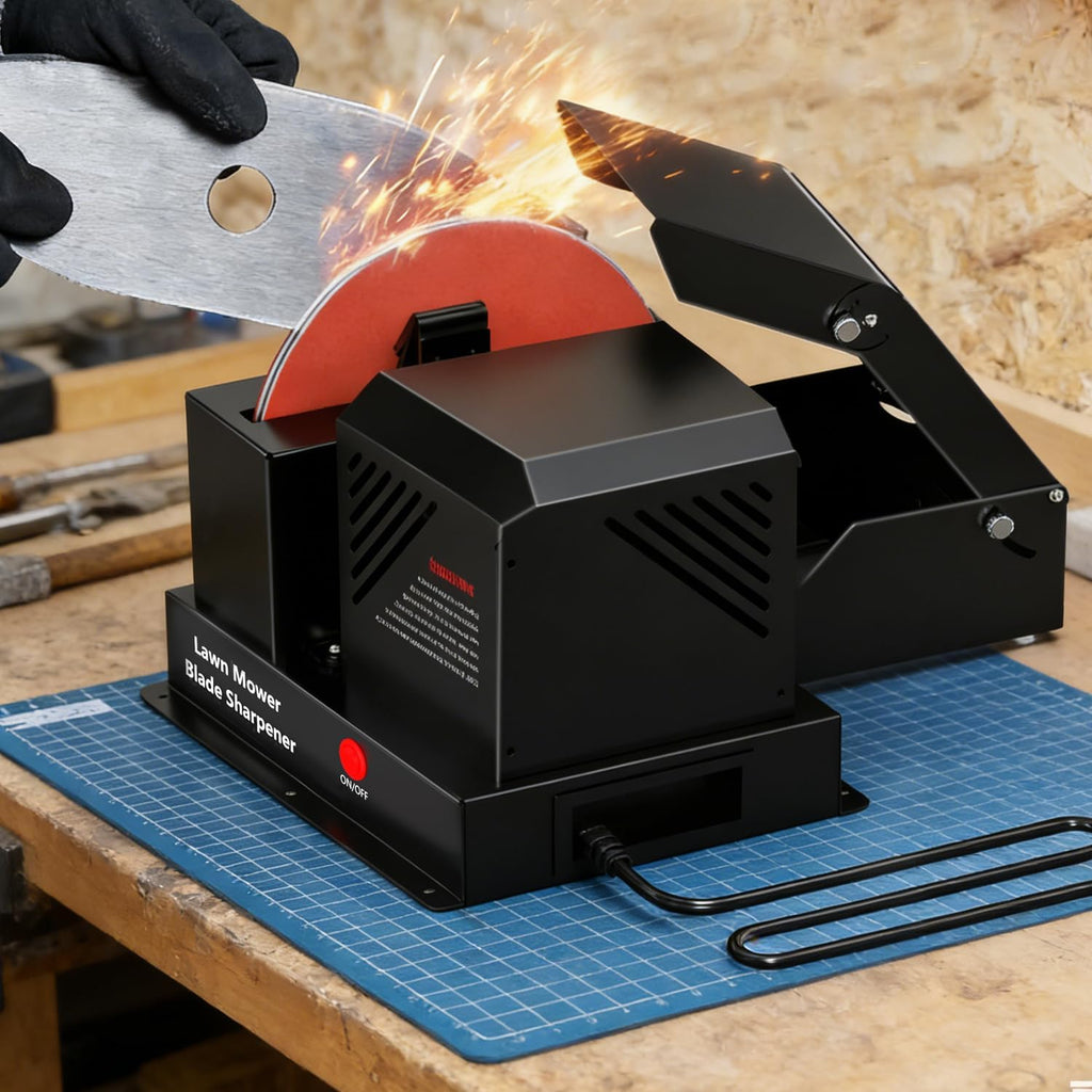 UPGRADED 120V 1.0 HP 700W Lawn Mower Blade Sharpener, 1800 RPM High-Speed Grinder with Safety Spark Guard & Ball Bearings, Fits Straight, Mulching & Gator Blades, Enhanced User & Workspace Safety