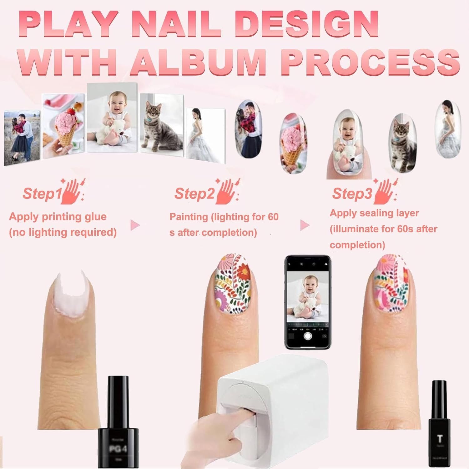 3D Nail Printer Robot Nail Painting Machine Smart Printer - Digital Intelligent Art Printers for Kids/Nails Salon/Manicure/Nails Lovers, Over 1000 Pictures, 20s Done, No Skills Needed Pink