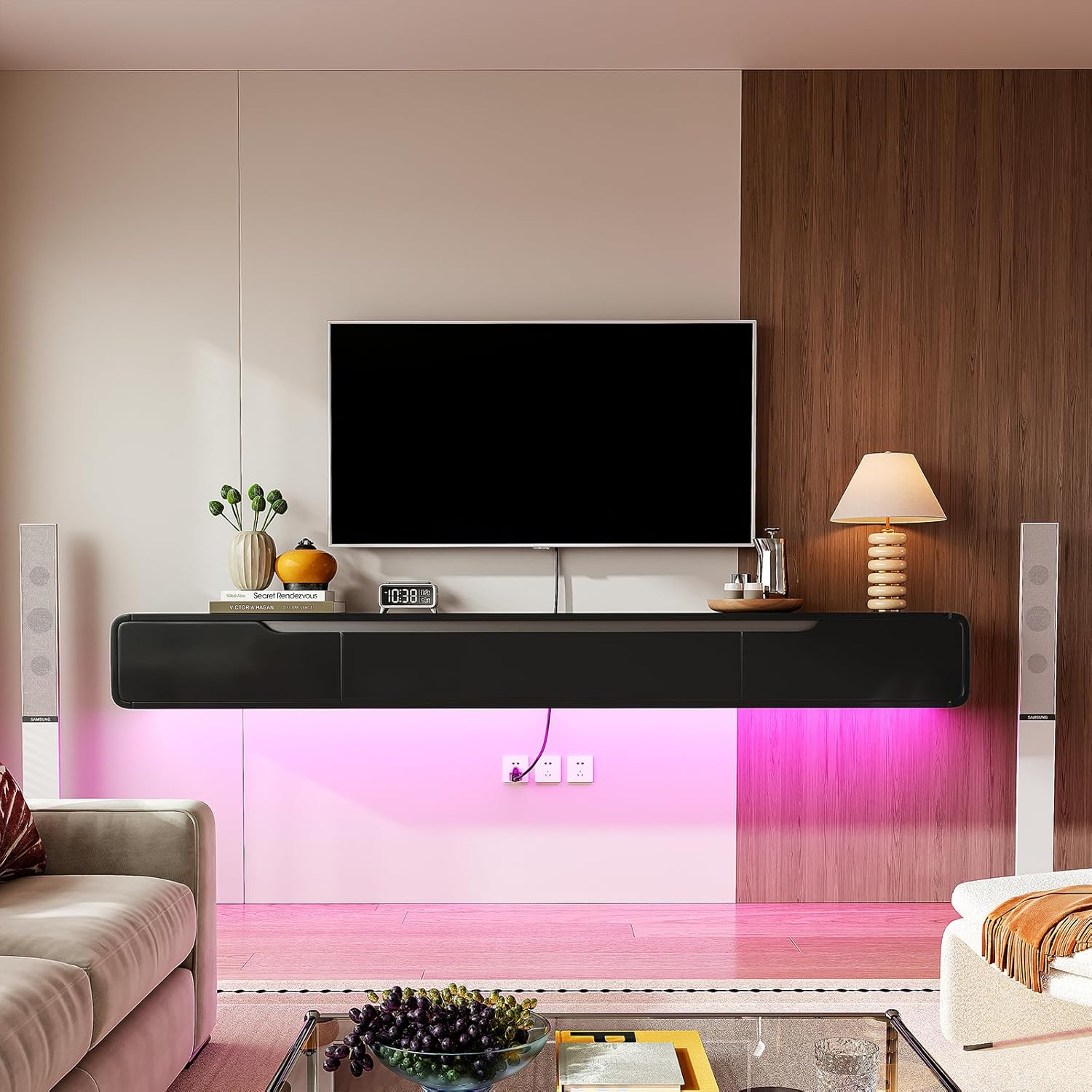 Fully-Assembled Floating TV Stand with Drawers, 47IN High Gloss Wall Mounted Entertainment Center, Modern Media Console with Storage, Under TV Shelf for Bedroom Living Room Black