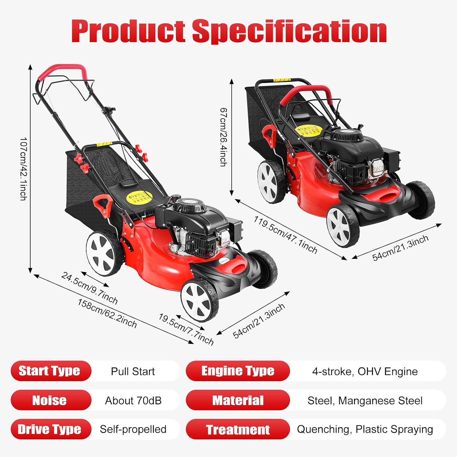 Self-Propelled Gas Lawn Mower, 140CC 4-Stroke 5HP Lawn Mower 3-in-1 Push Mower with 60L/15.9Gal Grass Catch Bag, Steel Grass Catcher for Yard & Garden, 8 Gears Mowing Height Adjustment, 2800Rpm