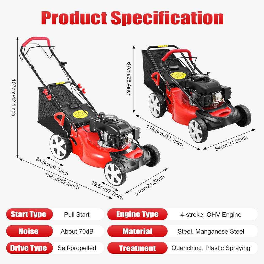 20Inch Self Propelled Gas Lawn Mower 3-in-1 Gas Push Lawn Mower with Grass Bag, 140CC 4-Stroke Engine, 8 Position Cutting Height Adjustable, Rear Wheel Drive for Garden & Yard