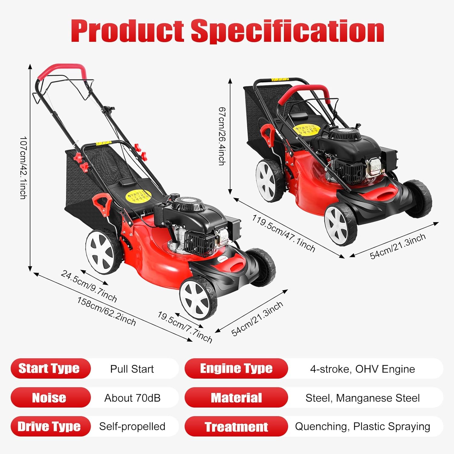 5HP 4-Stroke Self Propelled Gas Lawn Mower, 4KW 140cc 20.5 in High Wheel Lawnmower Gas Walk Behind Handle Lawn Mower with 60L/15.85gallon Capacity Bag & 8 Position Height Adjustable for Lawn Weeding