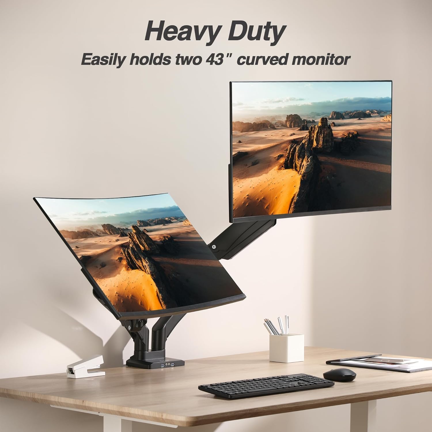 AVLT Dual Monitor Arm Desk Mount for 13'–43' Flat/Curved Screens with USB-A Pass-Through, Full Motion Height Adjustable Swivel Tilt Rotation VESA/C-Clamp/Grommet/Cable Management, Black