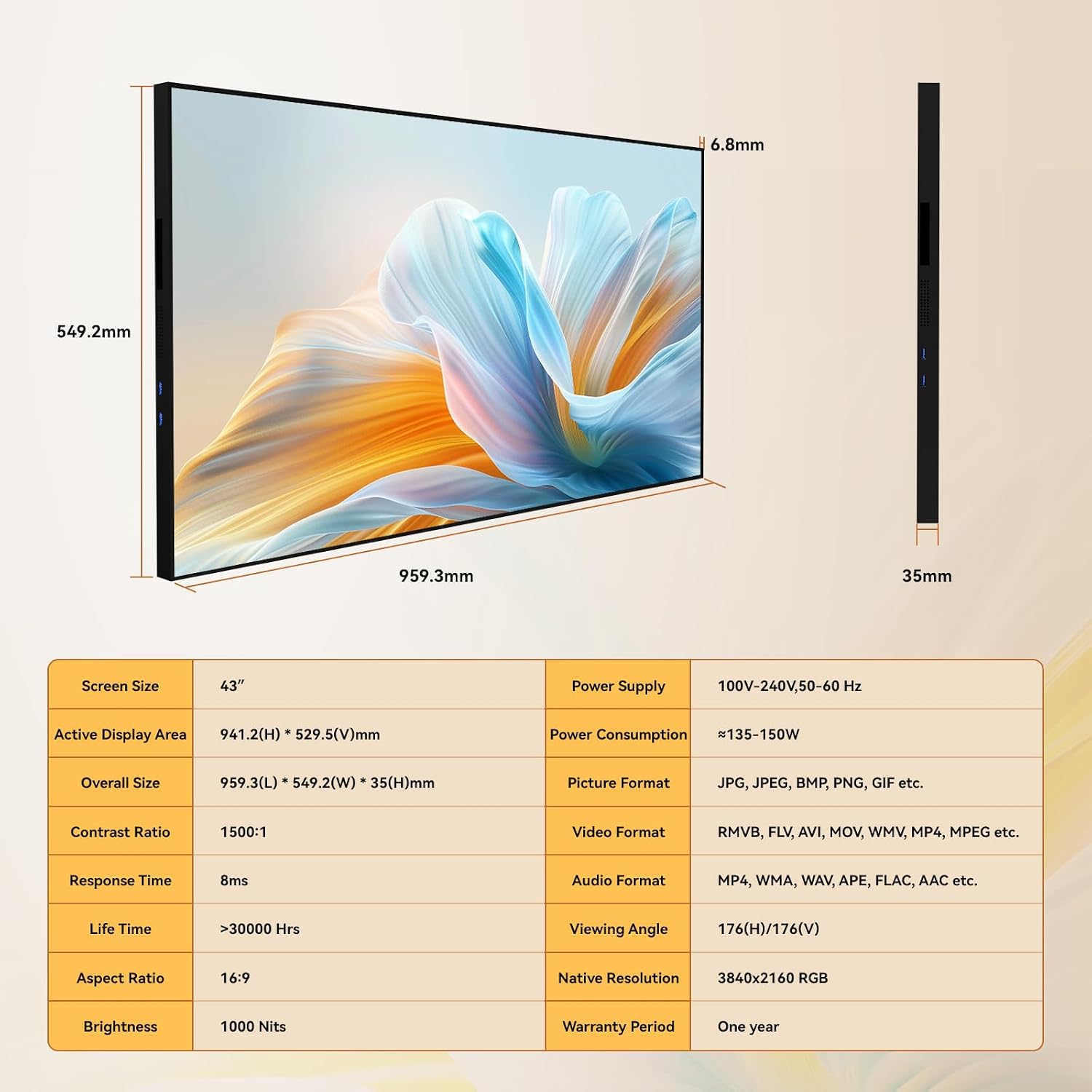 Digital Signage Display 43 inch Wall Mount Digital Menu Board for Restaurants and Stores Advertising Screen 1000 nits Ultra-High Brightness 4KUHD Free Web Content Editor Android 4GB + 32GB