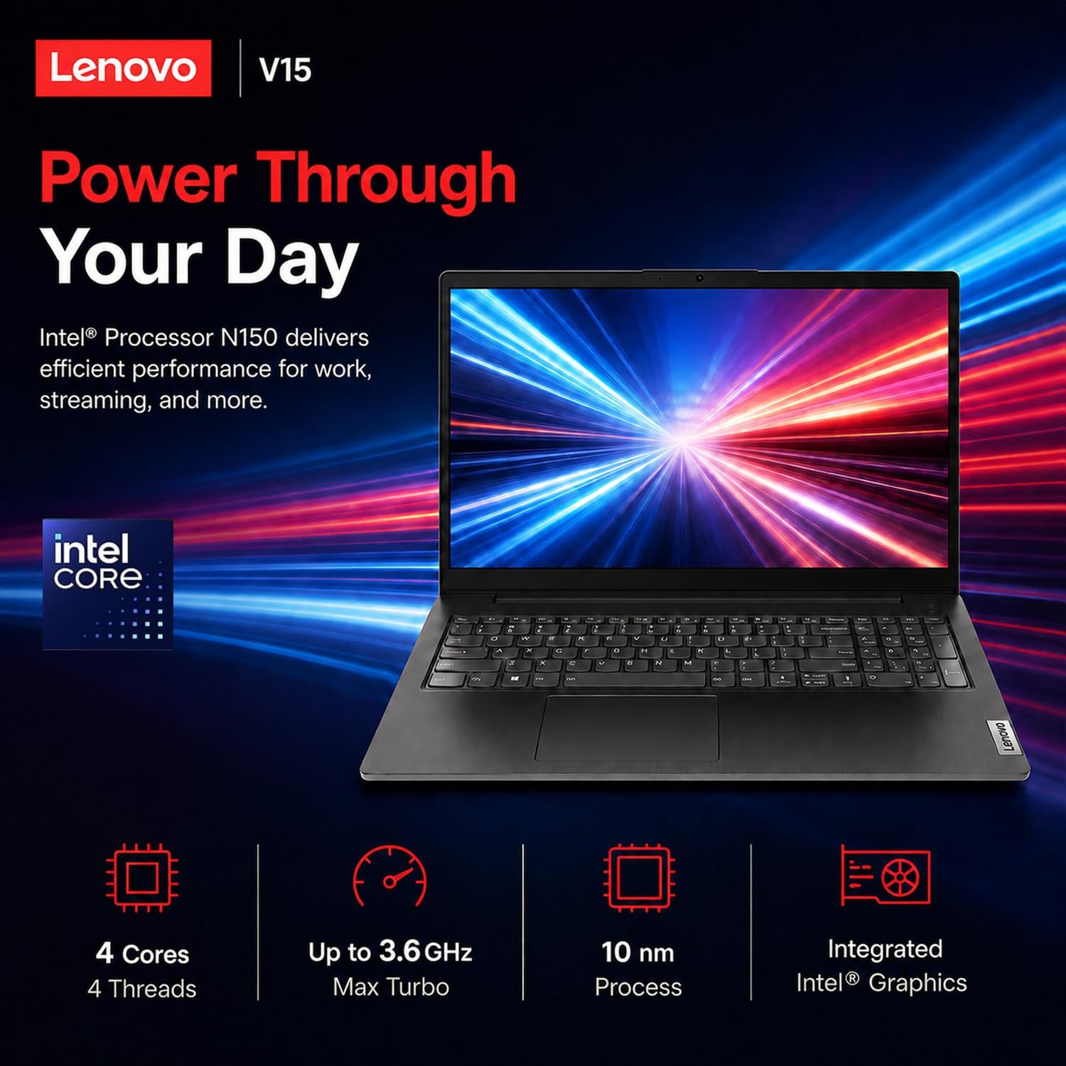 Lenovo 2026 Business and Student Laptop with MS 365 for Web, Intel Powerful Processor, 8GB DDR5, 256GB PCIE, 15.6' FHD Display, Wi-Fi 6, Fast Charging Speed, 14.5-Hour Battery Life, Windows 11 Pro