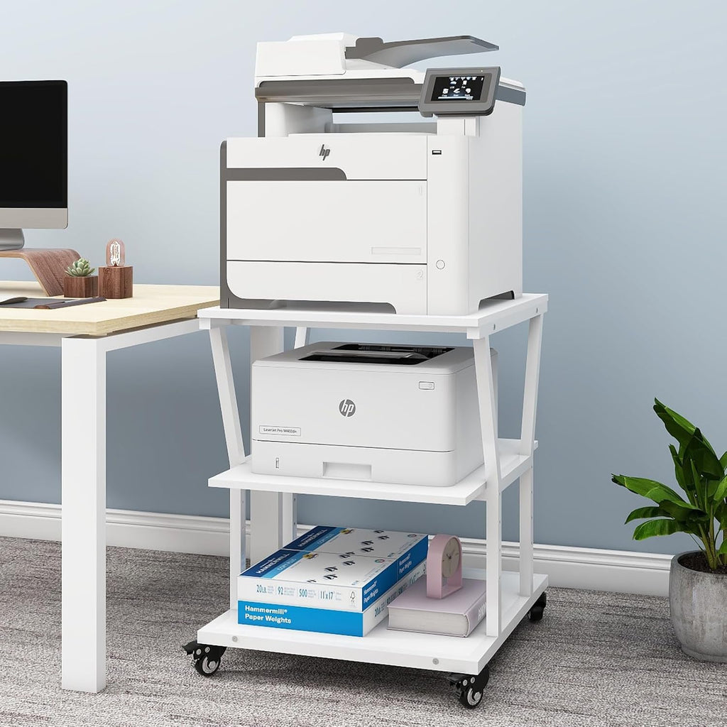 Natwind 3-Tier Large Printer Stand,23.6'x23.6'x29.5' Heavy-Duty Printer Table Cart with Paper Storage Shelf & Wheels,Ideal for Home Office Laser Printers, Copiers (White)