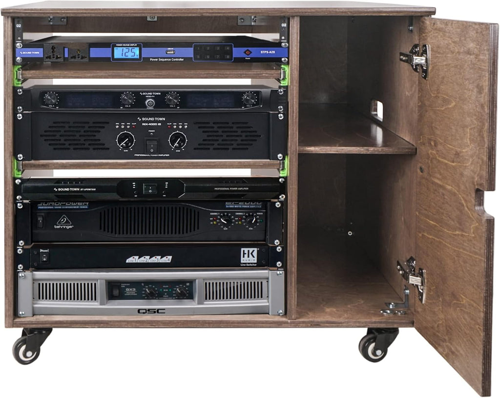 Sound Town DIY 11U Solid Baltic Birch Plywood Plywood Studio Rack with Slide-Out Trays, Cabinet, Casters, Weathered Brown, for Recording Room, Home Studio (SDRK-CR11B)