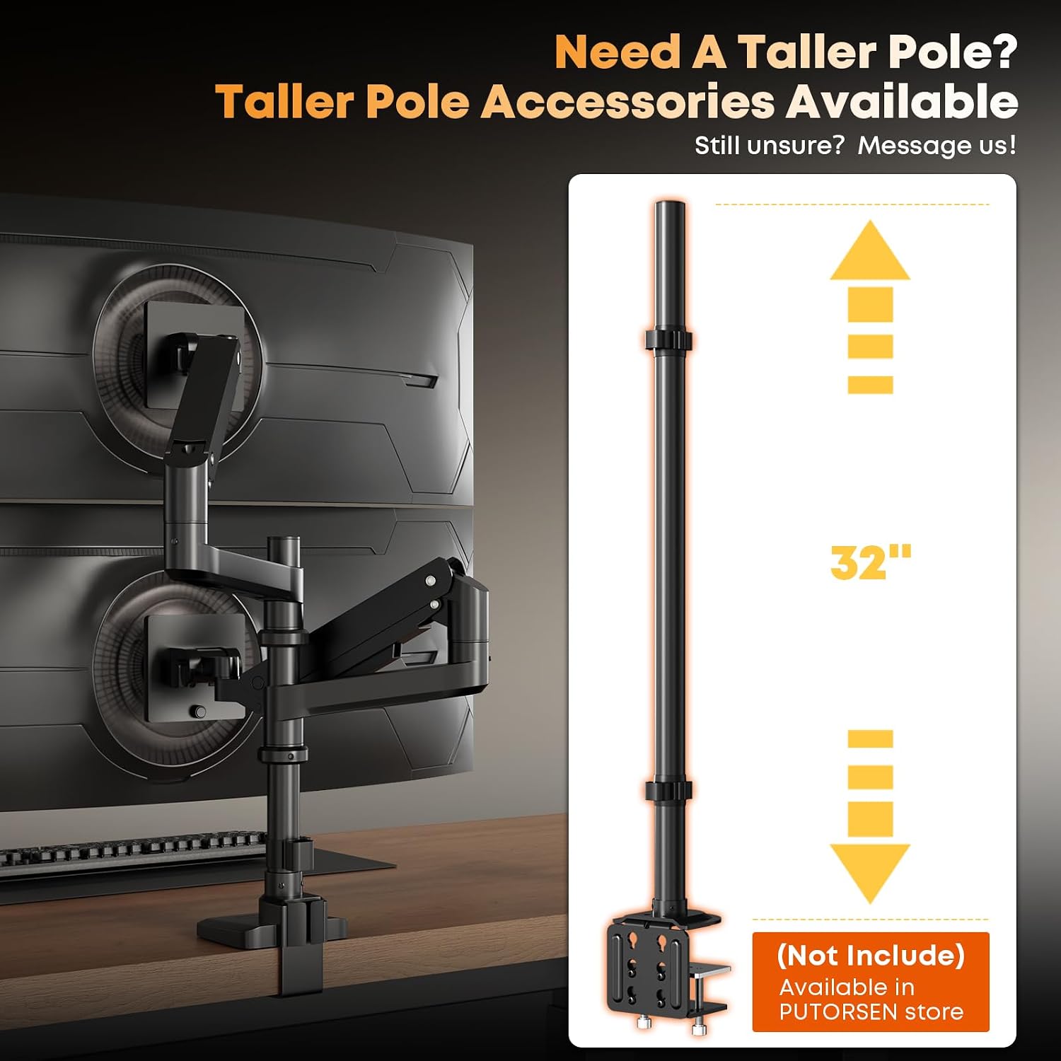 PUTORSEN 17-49 inch Premium Aluminum Heavy Duty Dual Monitor Arm for Ultrawide Screens up to 44lbs, Vertical Stacked Dual Monitor Desk Mount, Full Motion Dual Vertical Monitor Mount, VESA 75/100,Black