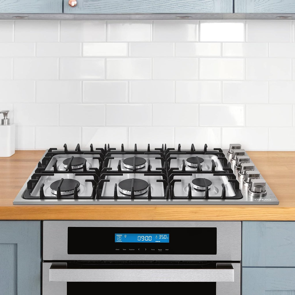 COSMO COS-DIC366 Drop-In Gas Cooktop with 6 Italian Made Sealed Burners, Cast Iron Grates, Metal Knobs, Liquid Propane Convertible, 36 inch, Stainless Steel