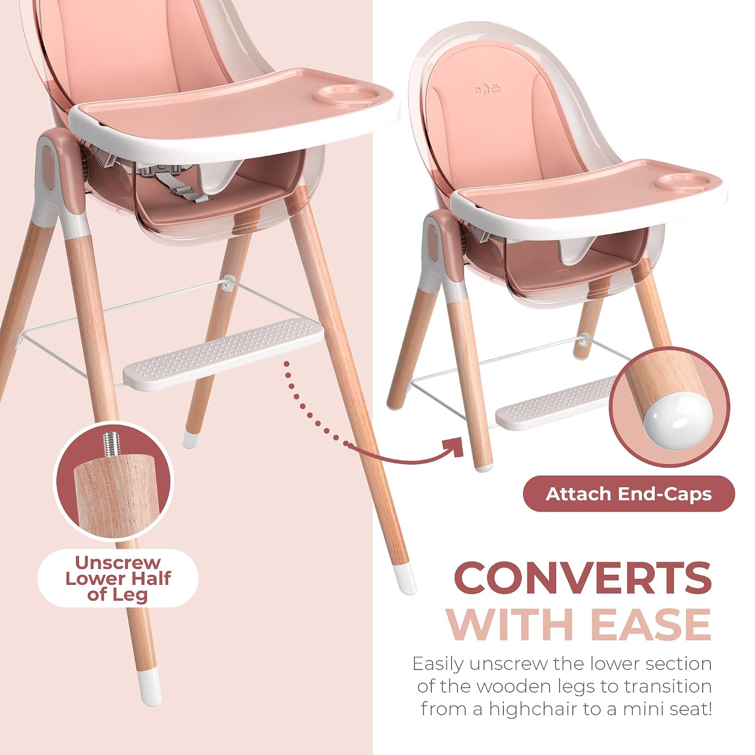 6 in 1 Deluxe Wooden High Chair for Babies & Toddlers Modern Safe Compact Baby Highchair, Easy to Clean, Removable Tray & Cushion, 6 Options 3 Seat Positions 2 Heights (Pink)