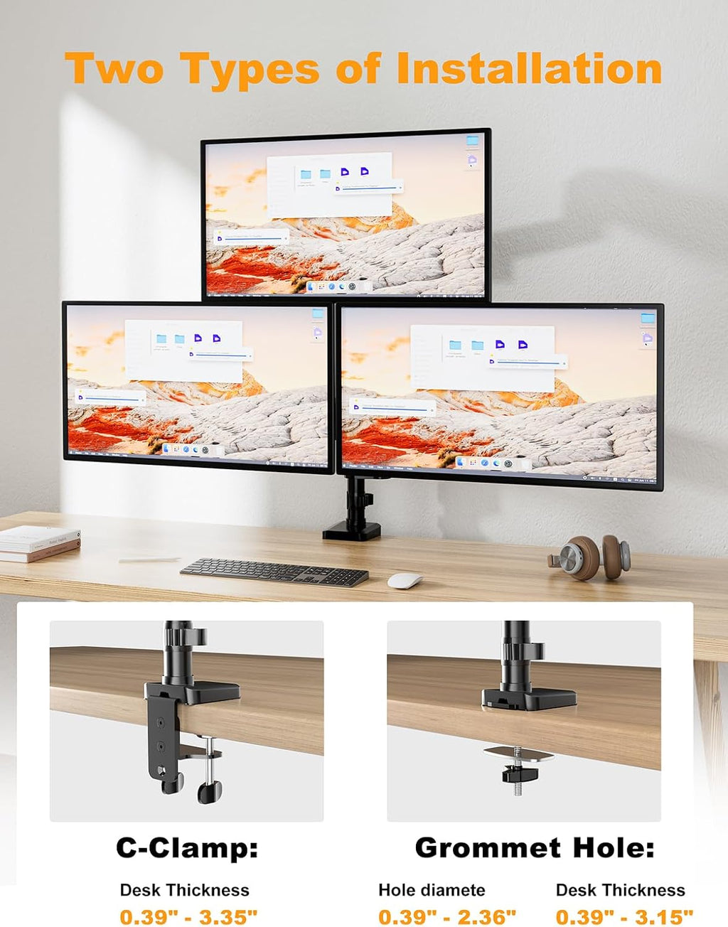 Triple Monitor Mount for 13-32 Inch Screens, Gas Spring Adjustment Triple Monitor Stand Holds 17.6lbs per Arm, Tilt, Swivel, Rotation with Clamp & Grommet Kit, Max VESA 100x100mm FORGIGN Mount