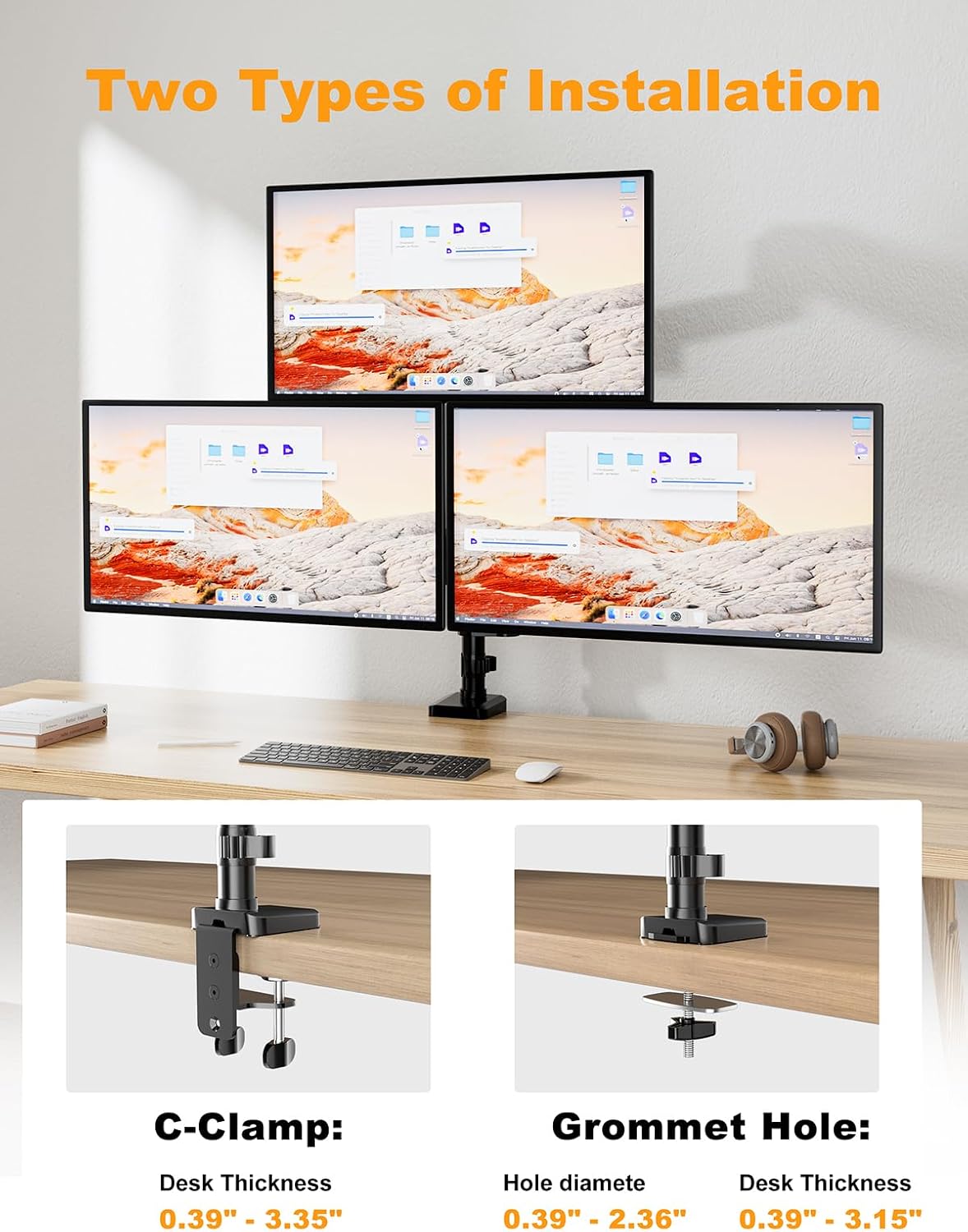Triple Monitor Mount for 13-32 Inch Screens, Gas Spring Adjustment Triple Monitor Stand Holds 17.6lbs per Arm, Tilt, Swivel, Rotation with Clamp & Grommet Kit, Max VESA 100x100mm FORGIGN Mount