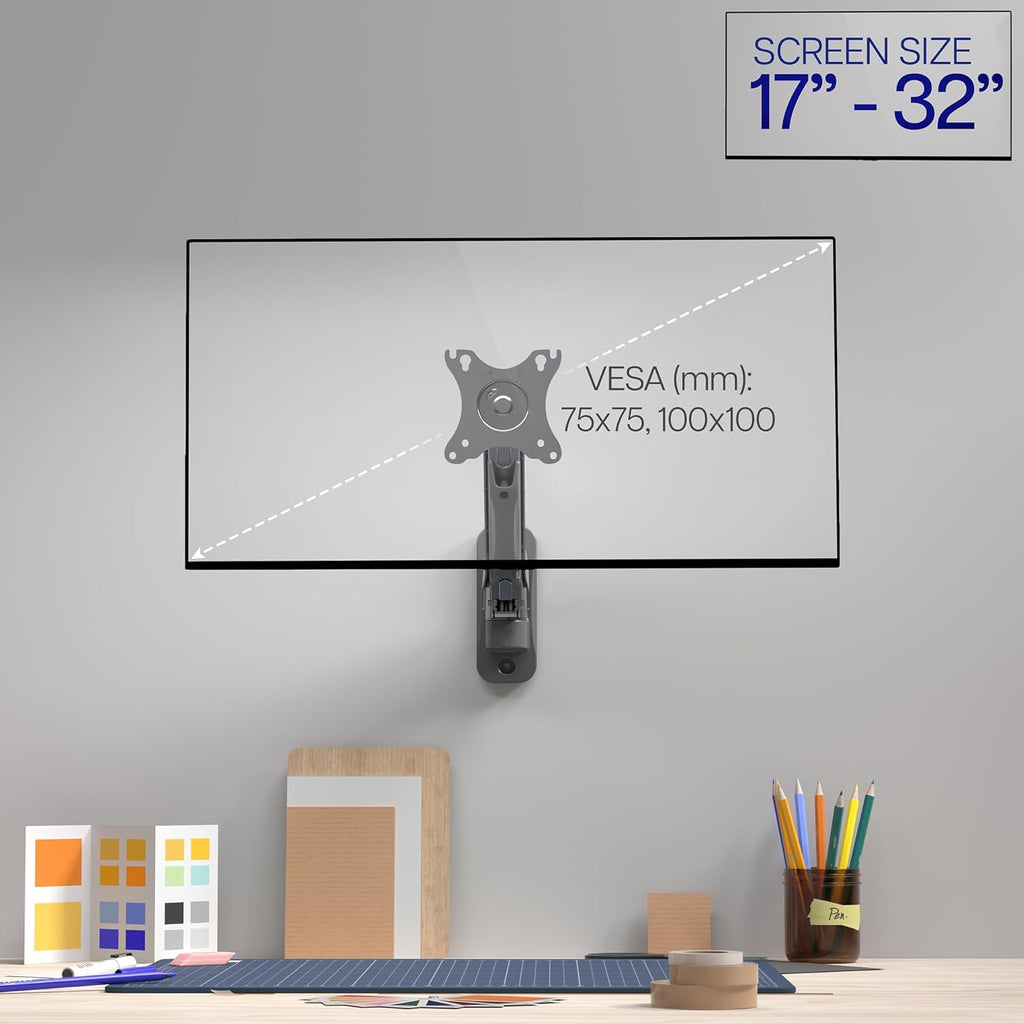VIVO Height Adjustable Pneumatic Arm Single Monitor Wall Mount, Full Motion Articulating, Fits 17 to 32 inch Screen, Black, MOUNT-V001A (Pack of 5)