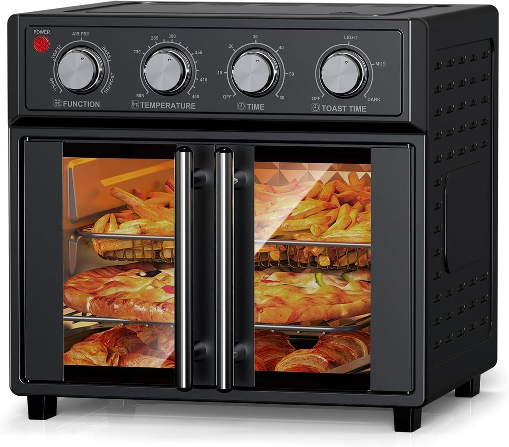 PlumChef 27.5 Quart Extra Large 6 Slices Air Fryer Convection Toaster Oven, French Door, 1700W, Multifunction Oven for Air Fryer, Toast, Grill, Defrost, Bake (Black)